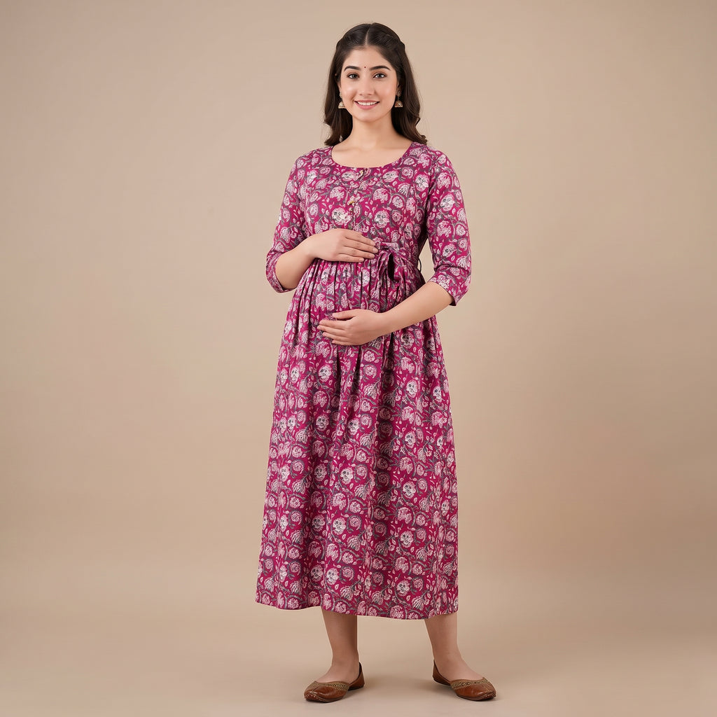 Pink Floral Maternity Maxi Dress with Adjustable Waist Belt – Anarkali Style Feeding Gown
