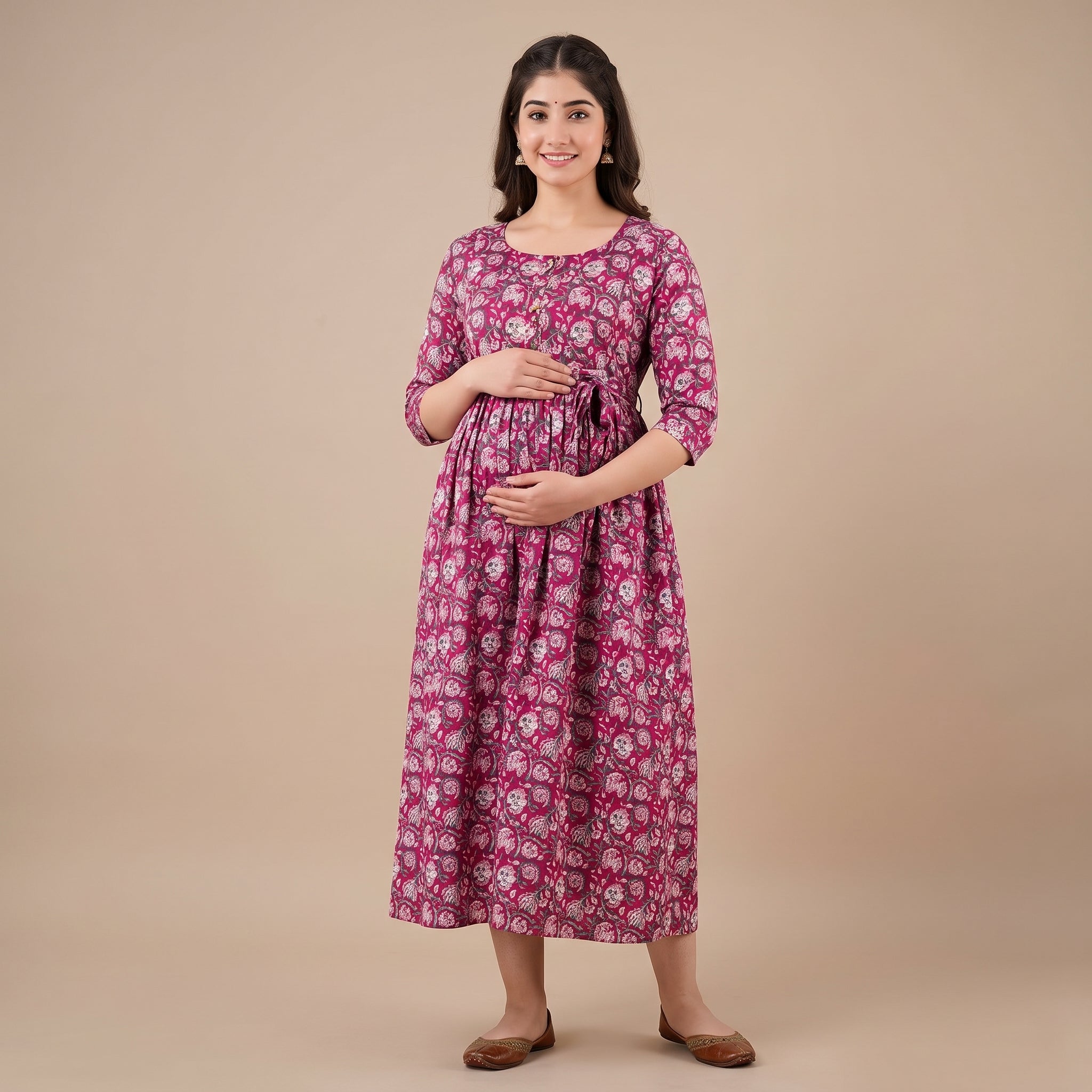 Pink Floral Maternity Maxi Dress with Adjustable Waist Belt – Anarkali Style Feeding Gown