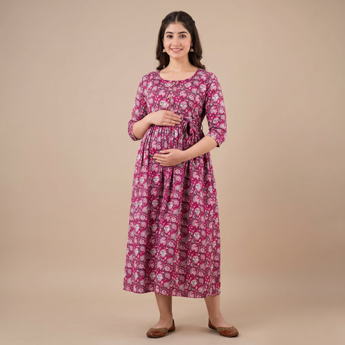 Pink Floral Maternity Maxi Dress with Adjustable Waist Belt – Anarkali Style Feeding Gown