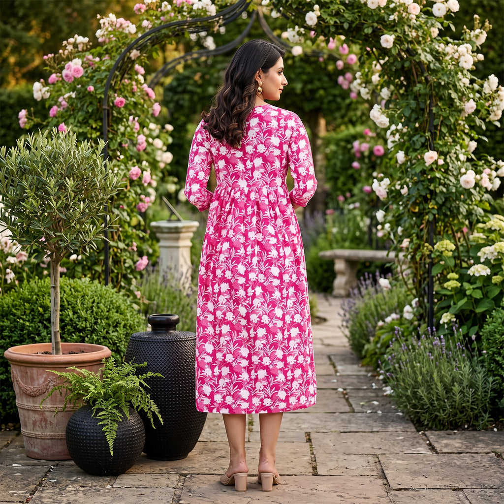 Pink Floral Feeding Maternity Anarkali Dress – Easy Zip Access, 3/4 Sleeves, Soft Cotton