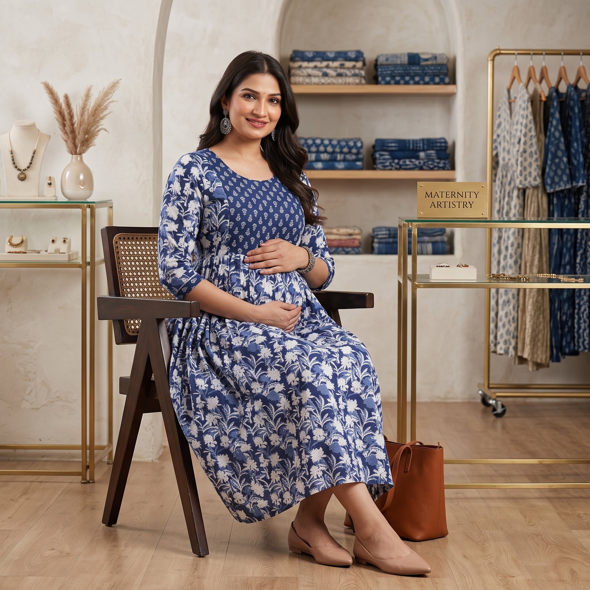 Navy Blue Floral Feeding Maternity Anarkali Dress – Hidden Zip Access, 3/4 Sleeves, Soft Cotton