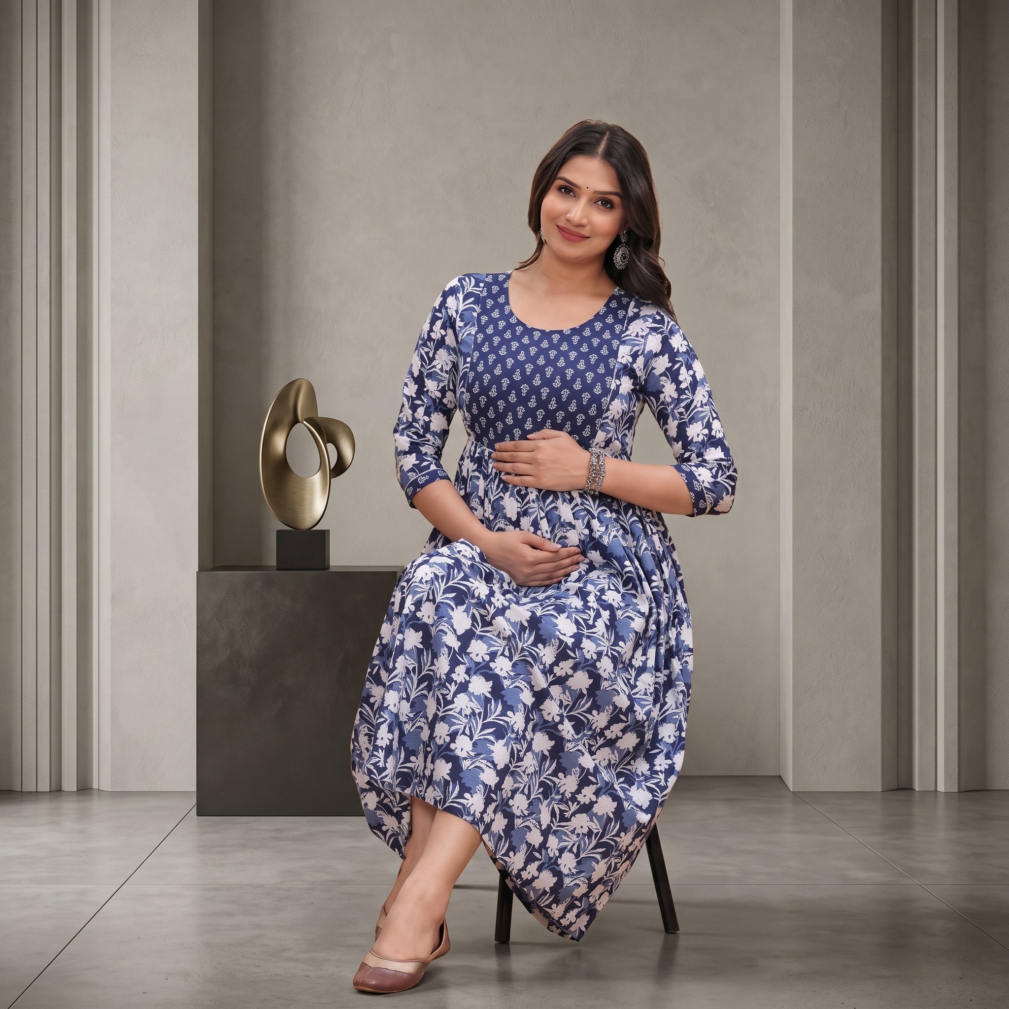 Navy Blue Floral Feeding Maternity Anarkali Dress – Hidden Zip Access, 3/4 Sleeves, Soft Cotton