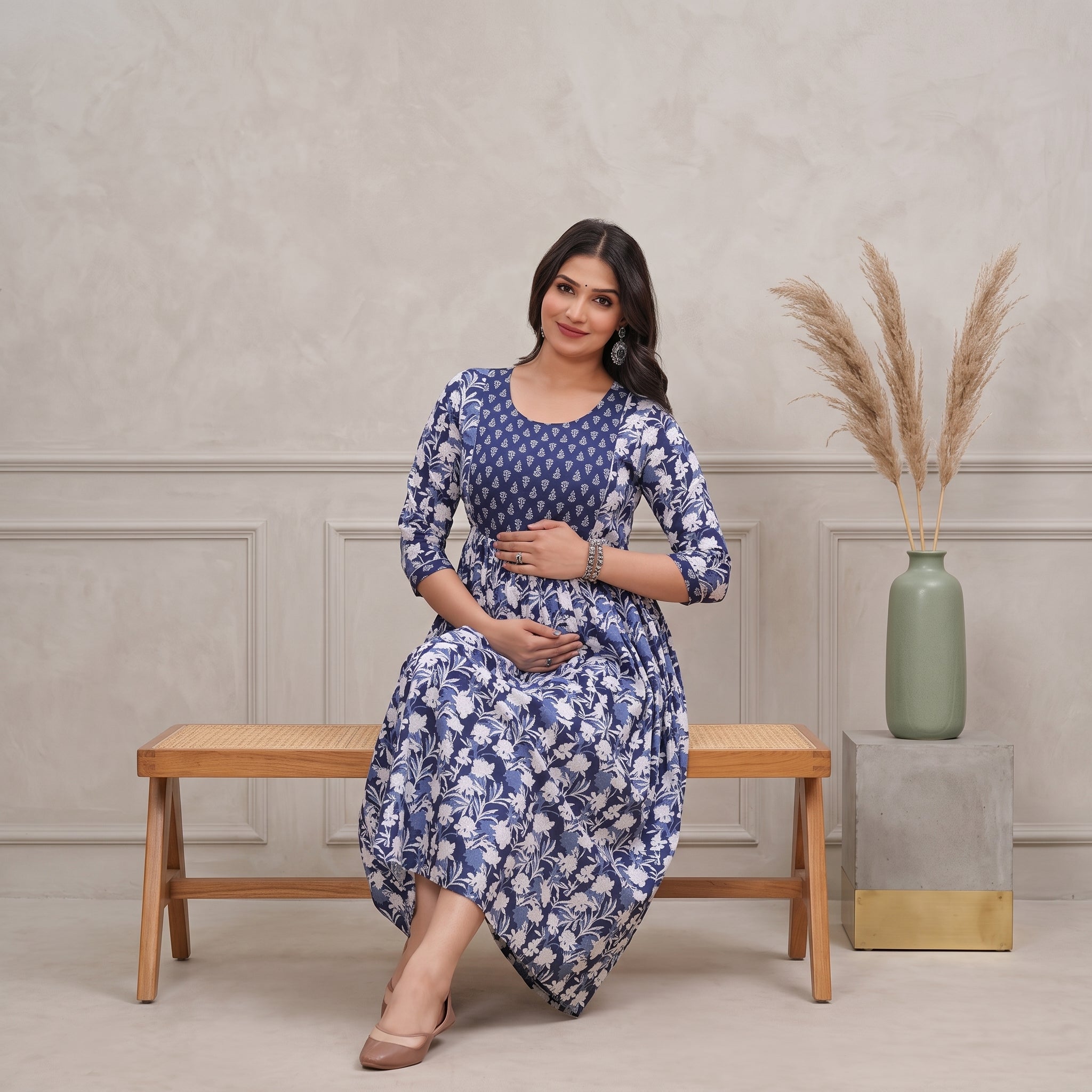 Navy Blue Floral Feeding Maternity Anarkali Dress – Hidden Zip Access, 3/4 Sleeves, Soft Cotton