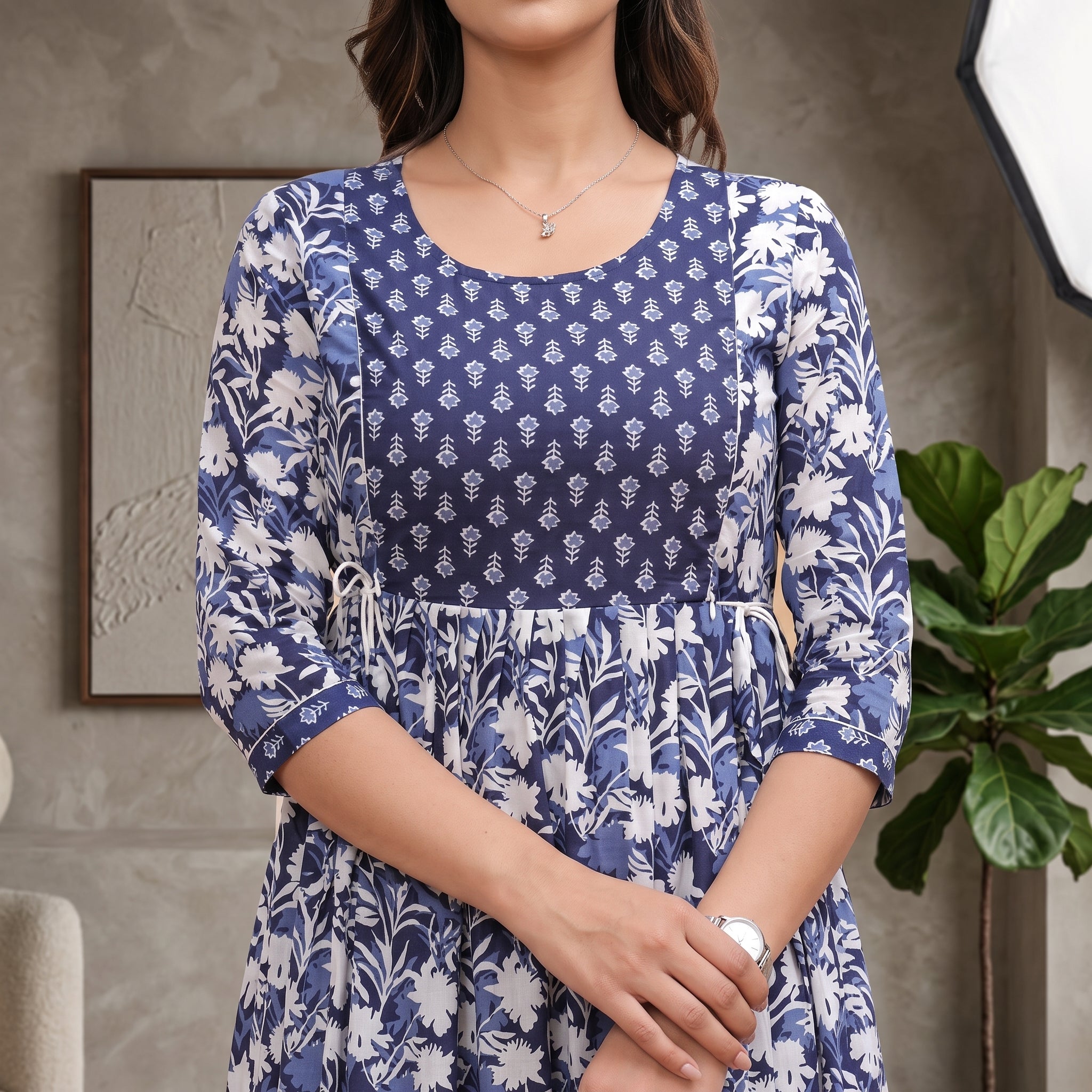 Navy Blue Floral Feeding Maternity Anarkali Dress – Hidden Zip Access, 3/4 Sleeves, Soft Cotton