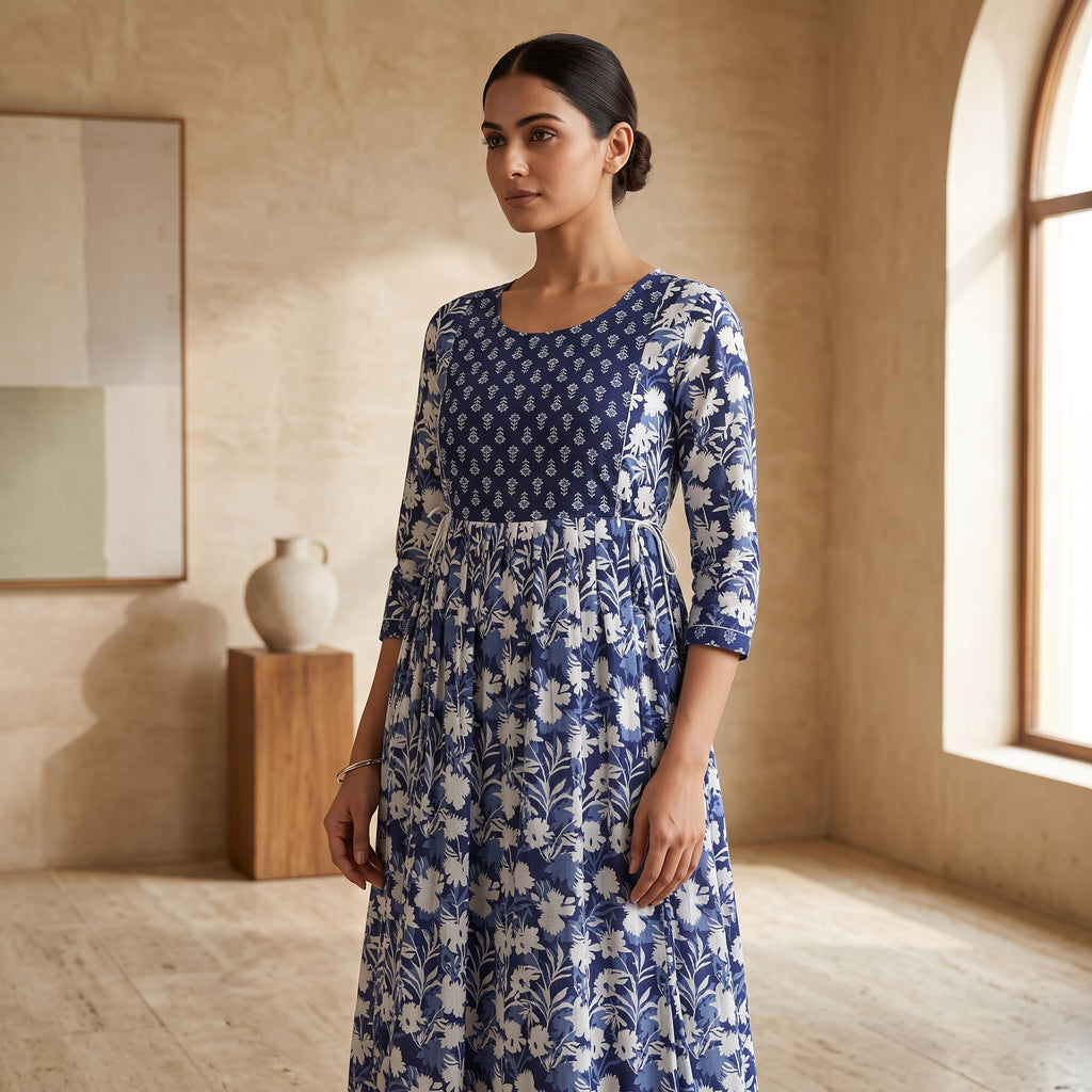 Navy Blue Floral Feeding Maternity Anarkali Dress – Hidden Zip Access, 3/4 Sleeves, Soft Cotton