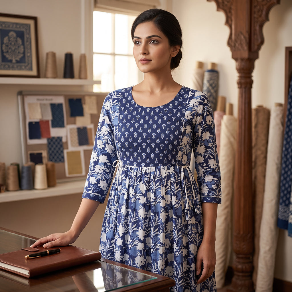 Navy Blue Floral Feeding Maternity Anarkali Dress – Hidden Zip Access, 3/4 Sleeves, Soft Cotton