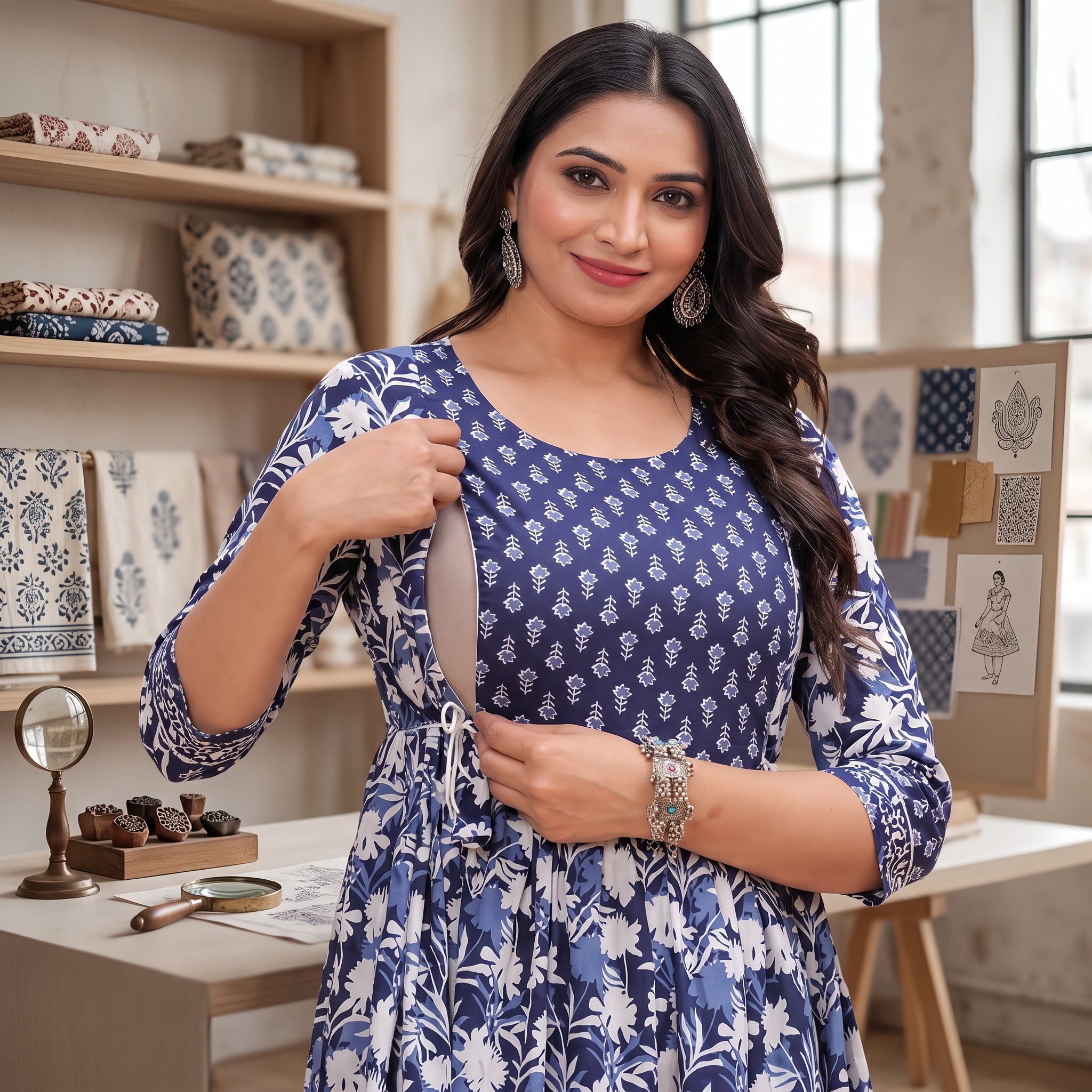 Navy Blue Floral Feeding Maternity Anarkali Dress – Hidden Zip Access, 3/4 Sleeves, Soft Cotton