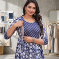 Navy Blue Floral Feeding Maternity Anarkali Dress – Hidden Zip Access, 3/4 Sleeves, Soft Cotton