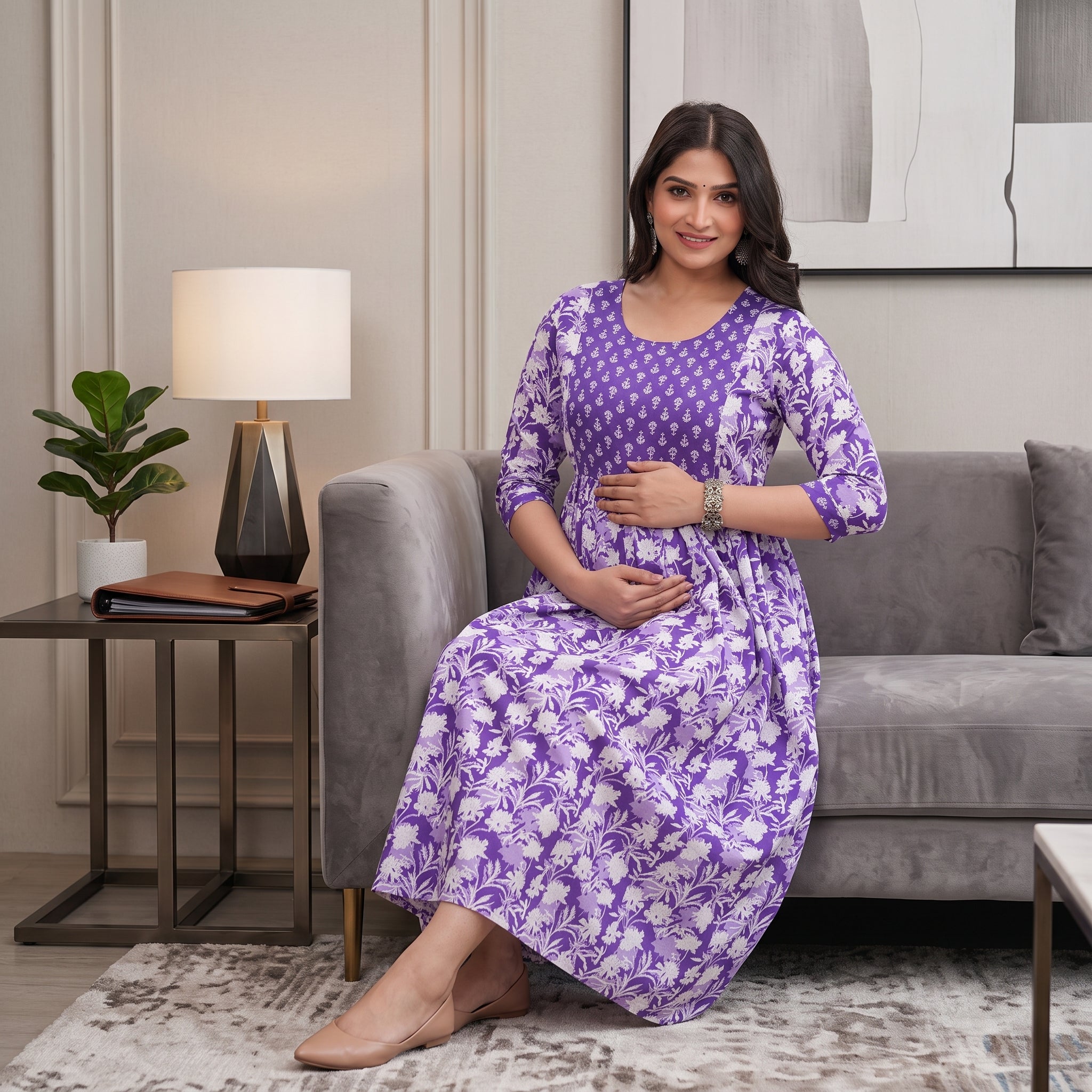 Purple Floral Maternity Anarkali Dress – Dual Print, 3/4 Sleeves, Comfortable Pregnancy Wear