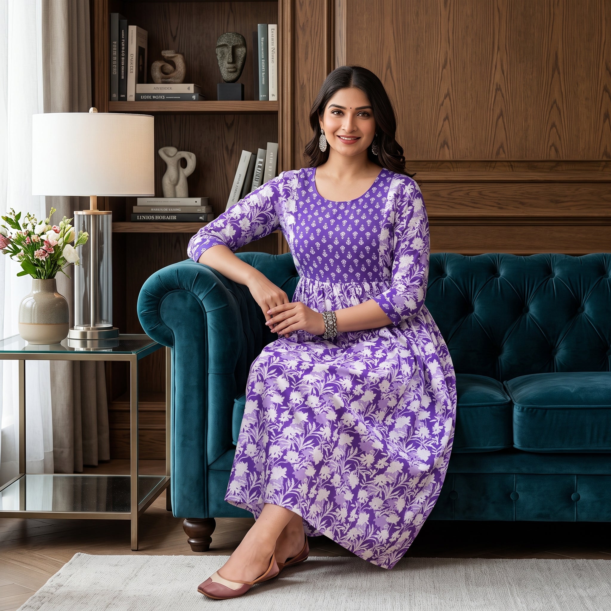 Purple Floral Maternity Anarkali Dress – Dual Print, 3/4 Sleeves, Comfortable Pregnancy Wear
