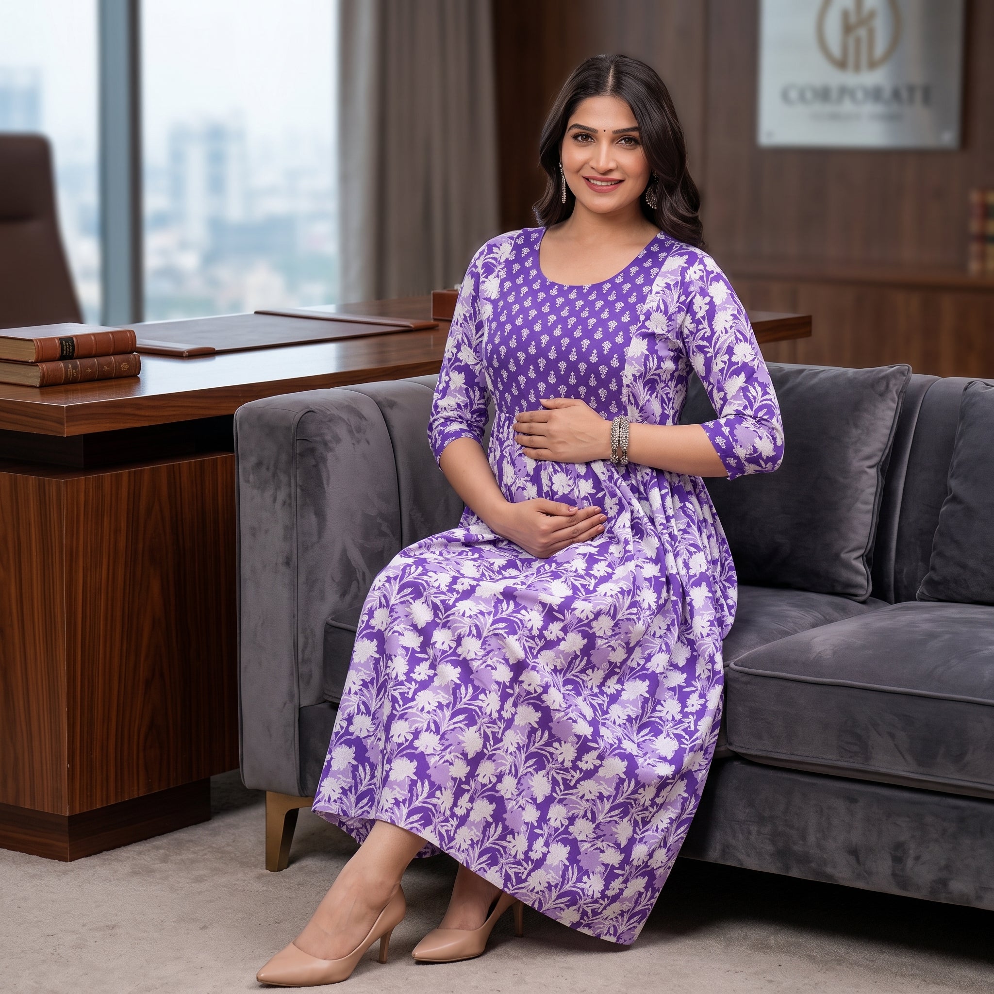 Purple Floral Maternity Anarkali Dress – Dual Print, 3/4 Sleeves, Comfortable Pregnancy Wear