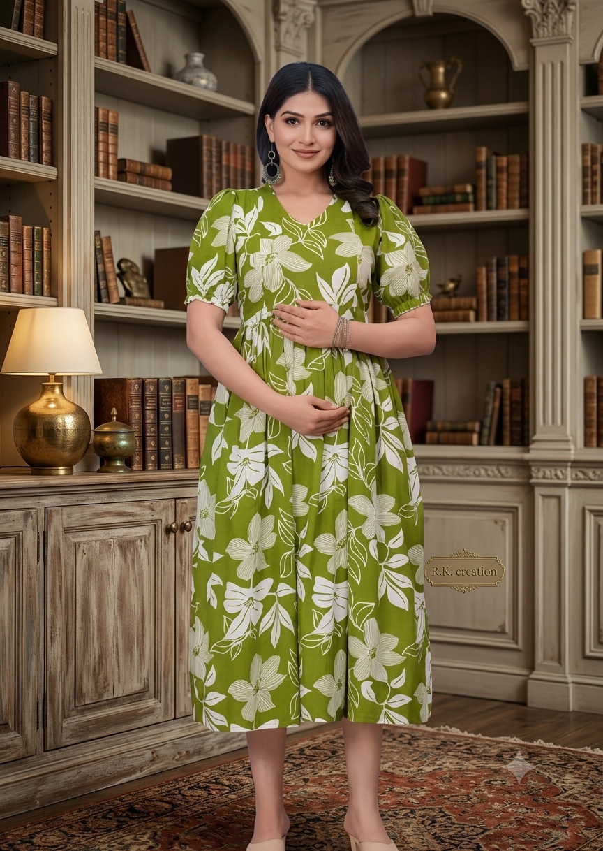 Olive Green Floral Maternity Midi Dress – V-Neck Puff Sleeve A-Line Feeding Gown