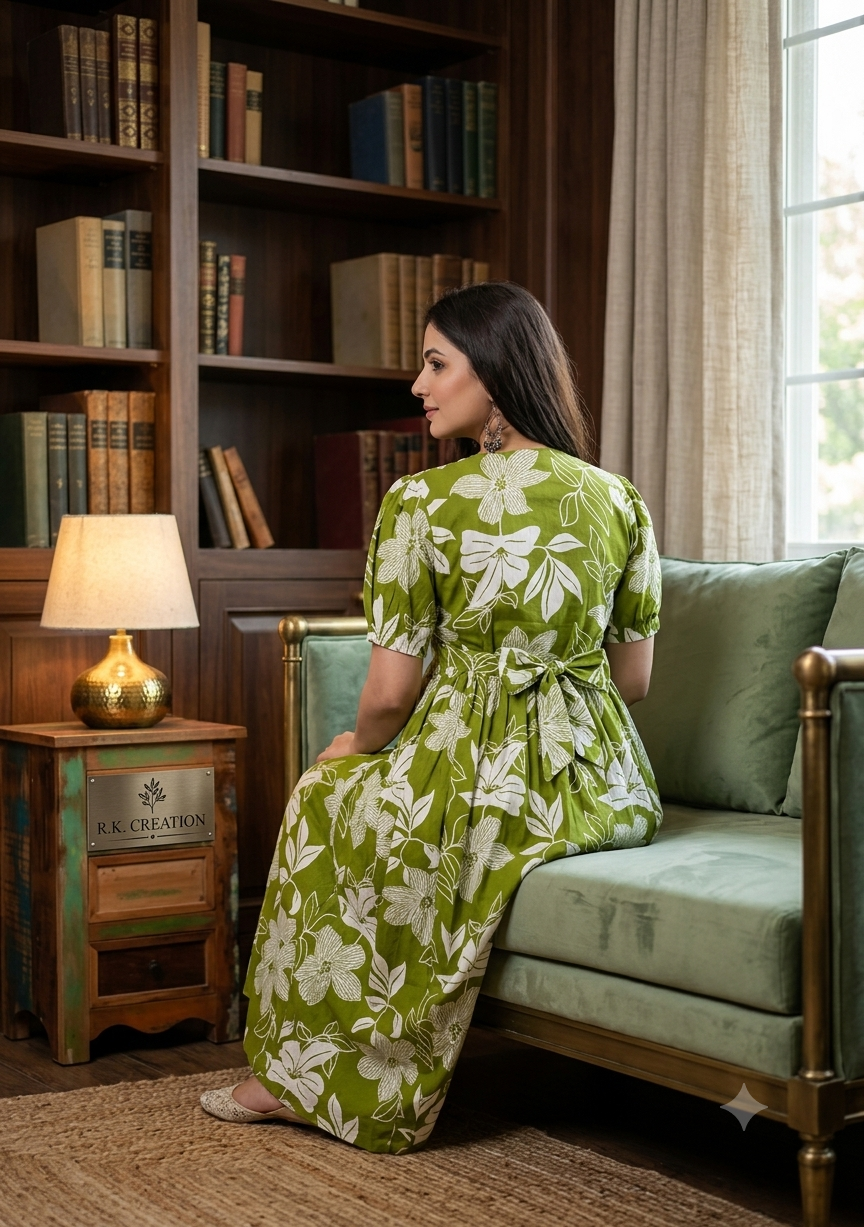 Olive Green Floral Maternity Midi Dress – V-Neck Puff Sleeve A-Line Feeding Gown