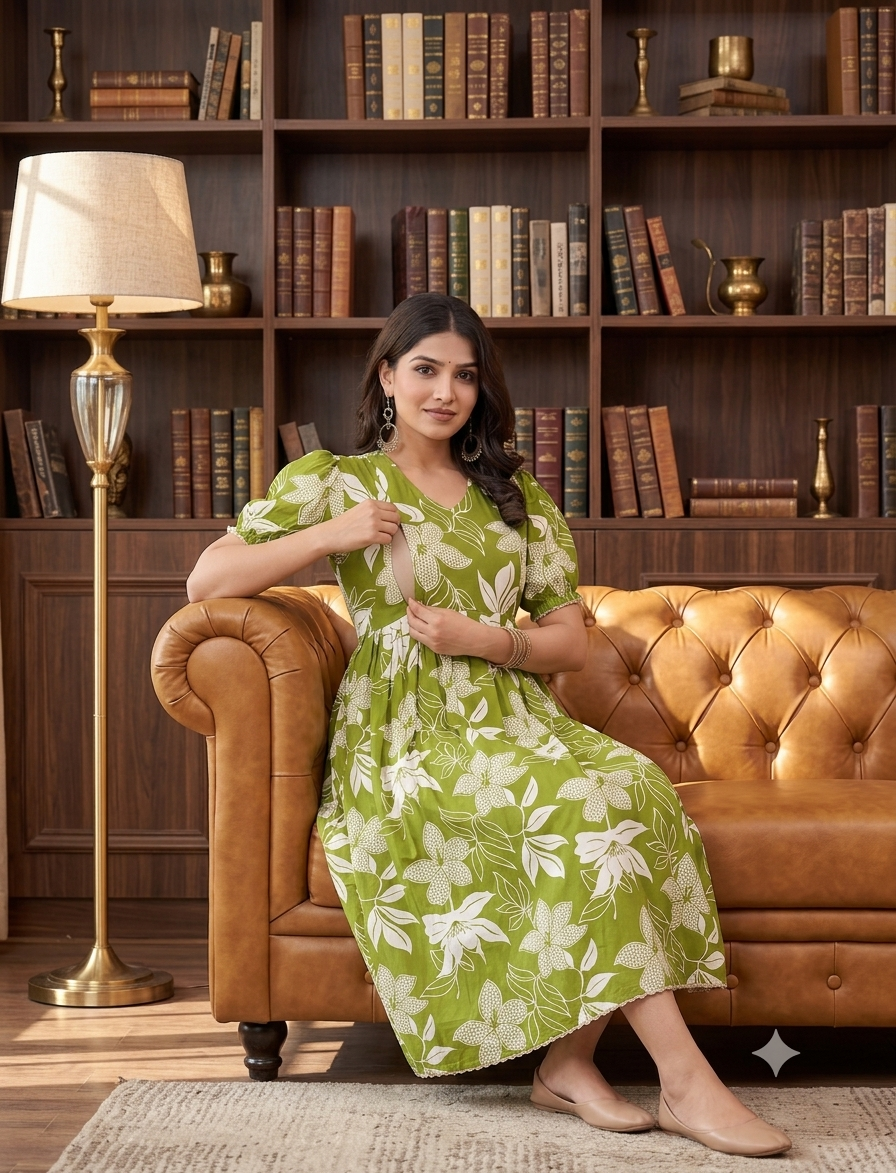 Olive Green Floral Maternity Midi Dress – V-Neck Puff Sleeve A-Line Feeding Gown