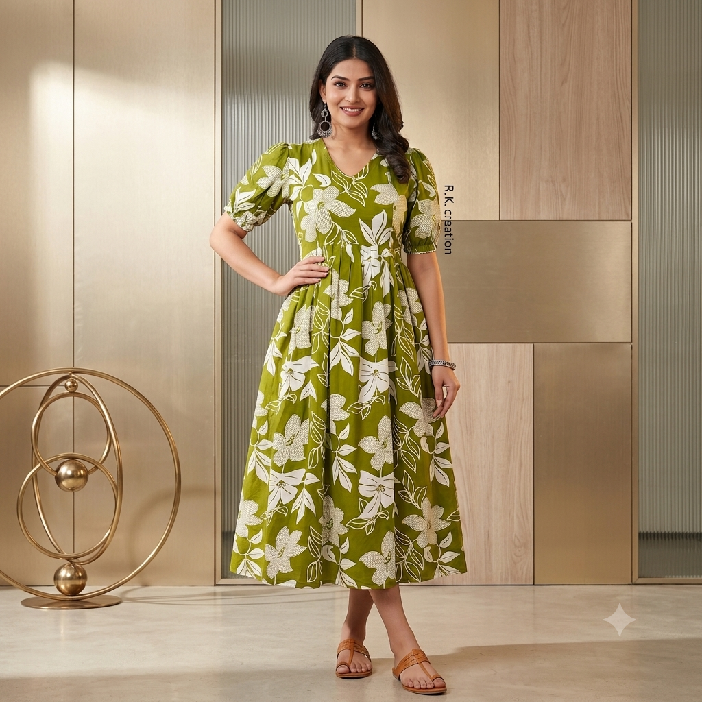 Olive Green Floral Maternity Midi Dress – V-Neck Puff Sleeve A-Line Feeding Gown