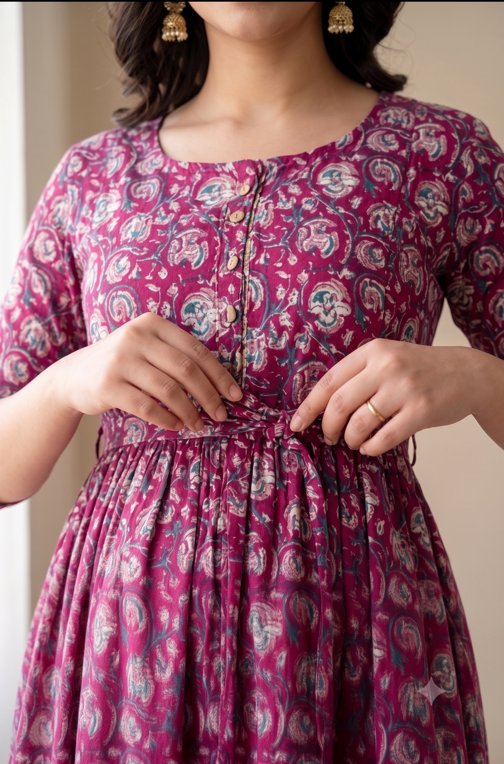 Pink Floral Maternity Maxi Dress with Adjustable Waist Belt – Anarkali Style Feeding Gown