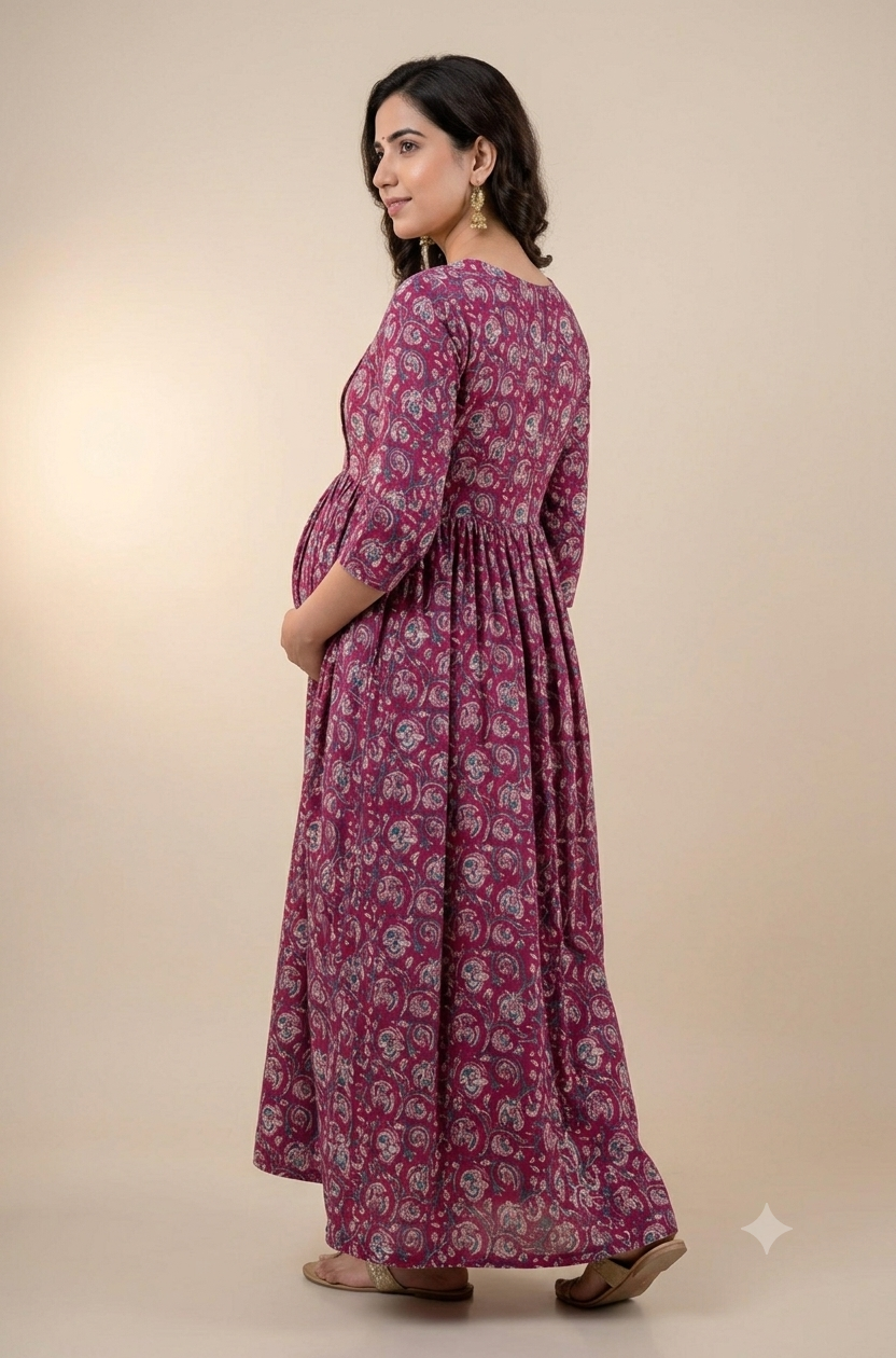 Pink Floral Maternity Maxi Dress with Adjustable Waist Belt – Anarkali Style Feeding Gown
