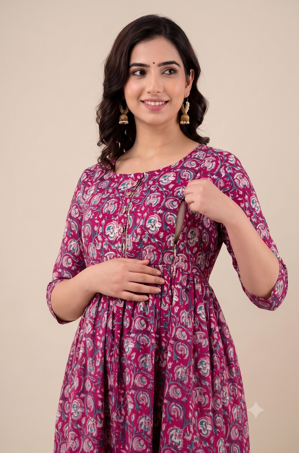 Pink Floral Maternity Maxi Dress with Adjustable Waist Belt – Anarkali Style Feeding Gown