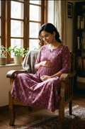 Pink Floral Maternity Maxi Dress with Adjustable Waist Belt – Anarkali Style Feeding Gown