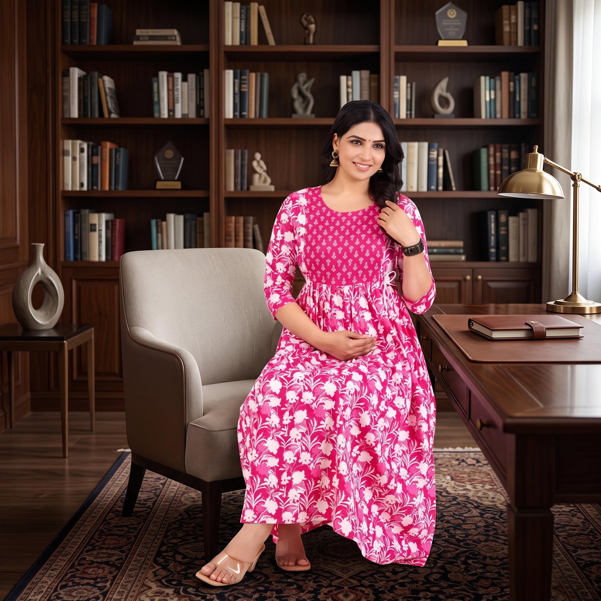 Pink Floral Feeding Maternity Anarkali Dress – Easy Zip Access, 3/4 Sleeves, Soft Cotton