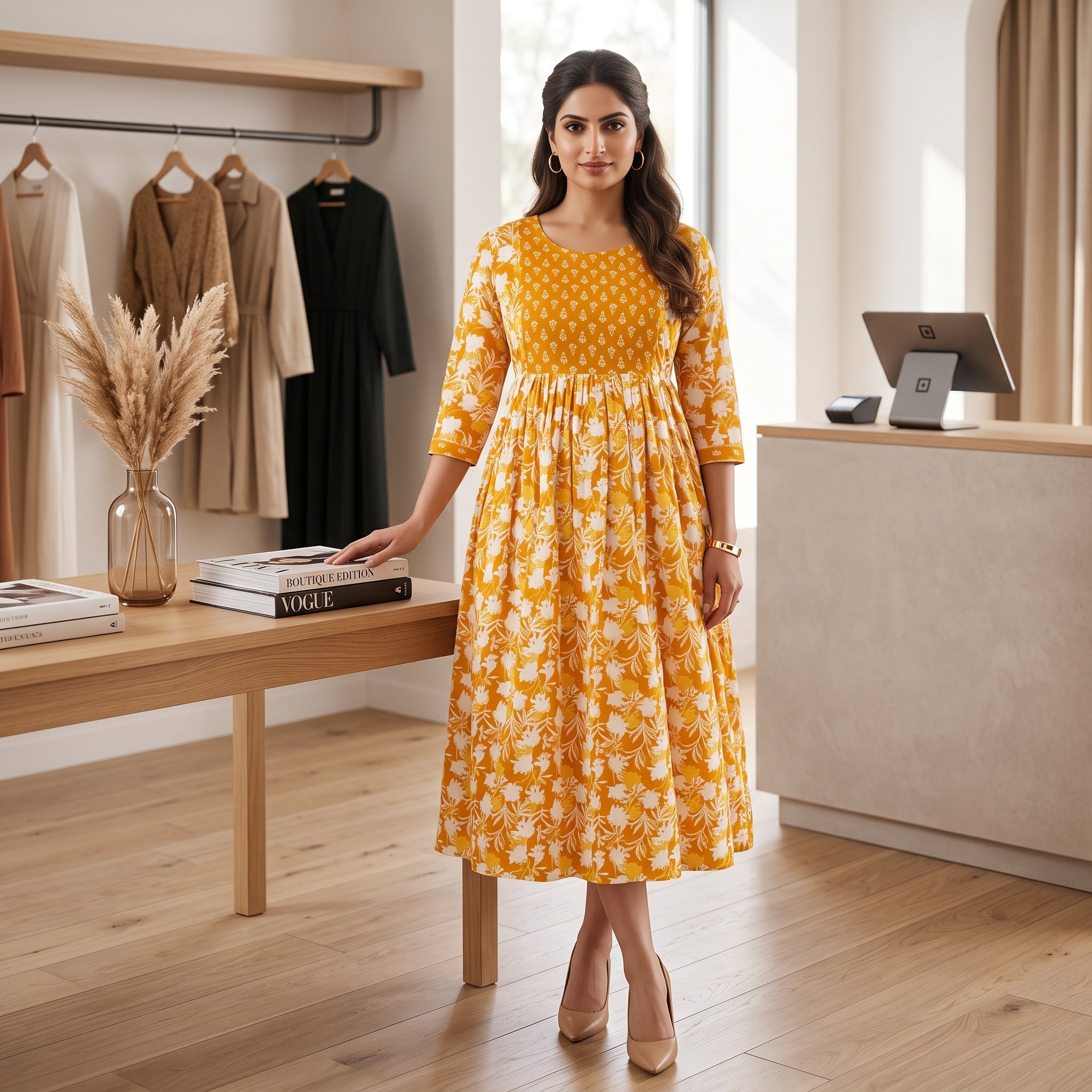 Mustard Yellow Floral Feeding Maternity Anarkali Dress – Hidden Zip Access, Drawstring Waist, 3/4 Sleeves