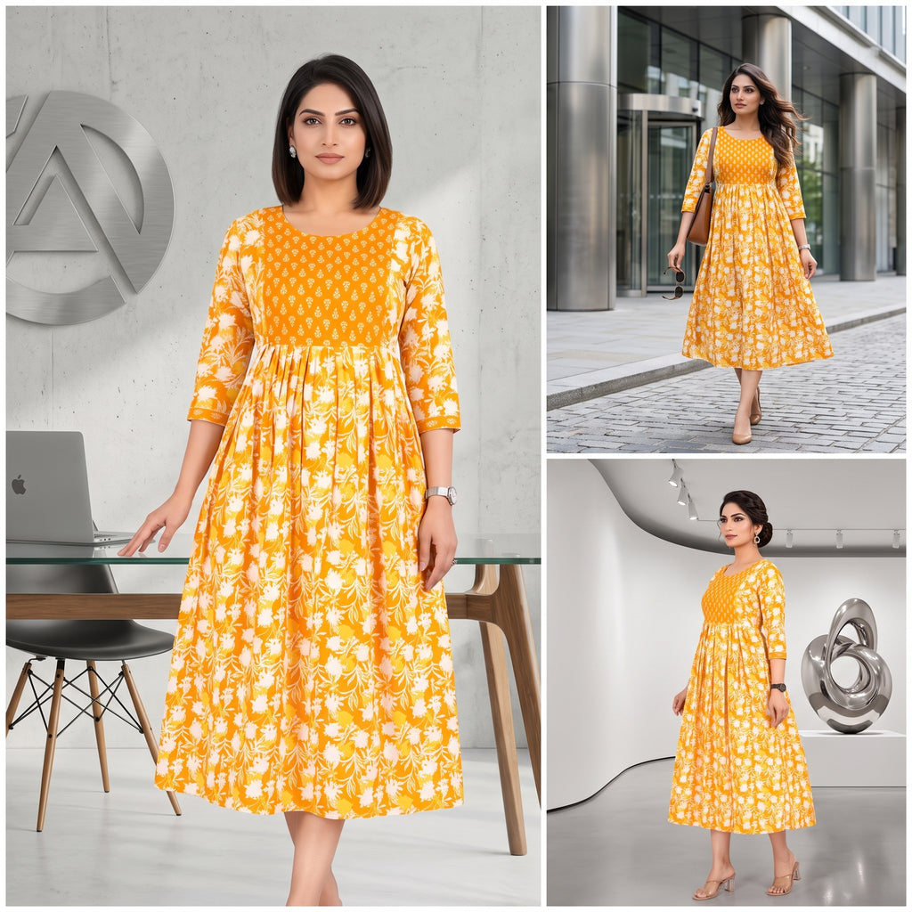 Mustard Yellow Floral Feeding Maternity Anarkali Dress – Hidden Zip Access, Drawstring Waist, 3/4 Sleeves