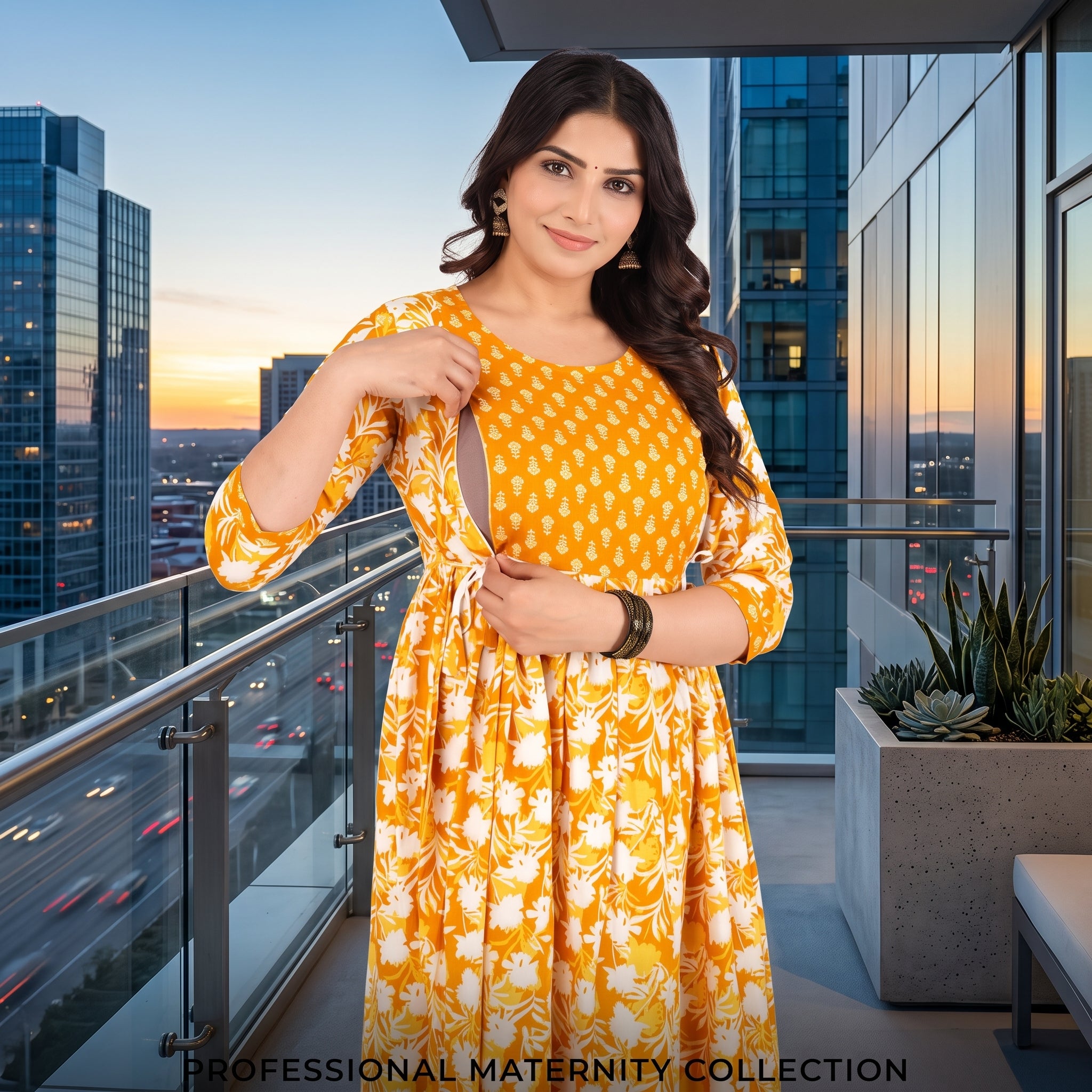 Mustard Yellow Floral Feeding Maternity Anarkali Dress – Hidden Zip Access, Drawstring Waist, 3/4 Sleeves