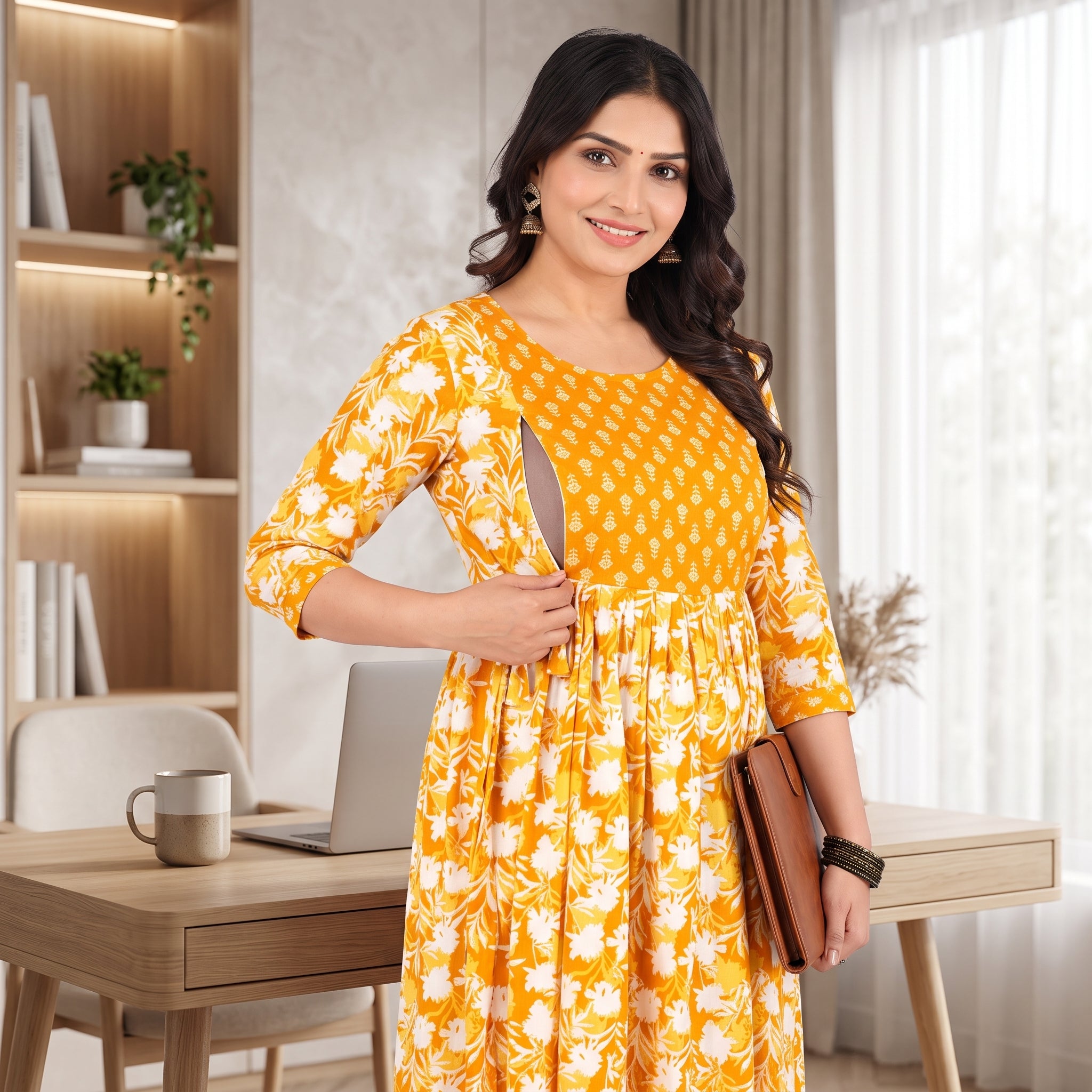 Mustard Yellow Floral Feeding Maternity Anarkali Dress – Hidden Zip Access, Drawstring Waist, 3/4 Sleeves