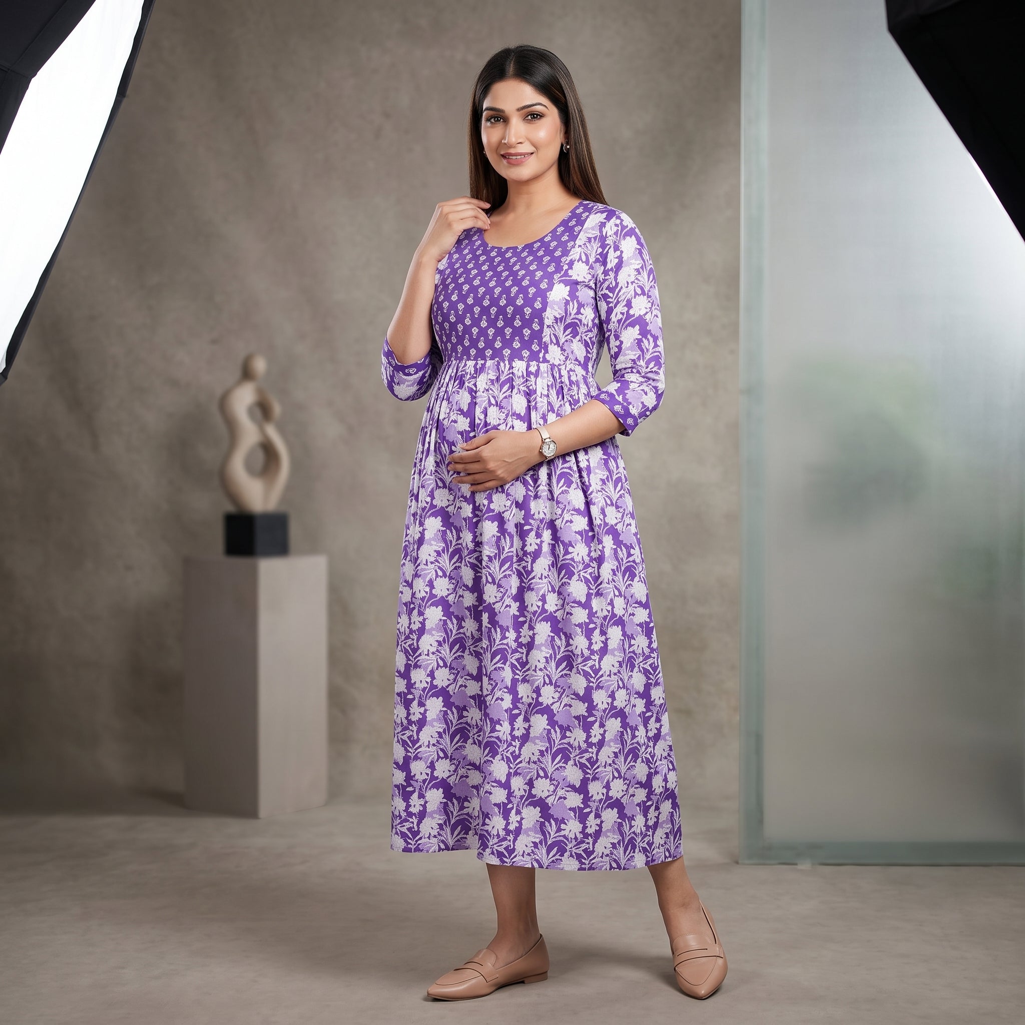 Purple Floral Maternity Anarkali Dress – Dual Print, 3/4 Sleeves, Comfortable Pregnancy Wear