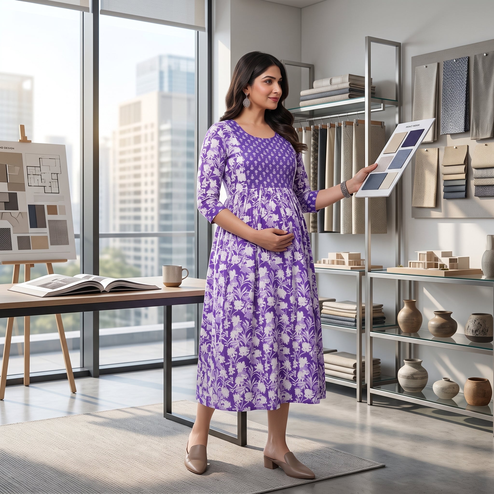 Purple Floral Maternity Anarkali Dress – Dual Print, 3/4 Sleeves, Comfortable Pregnancy Wear