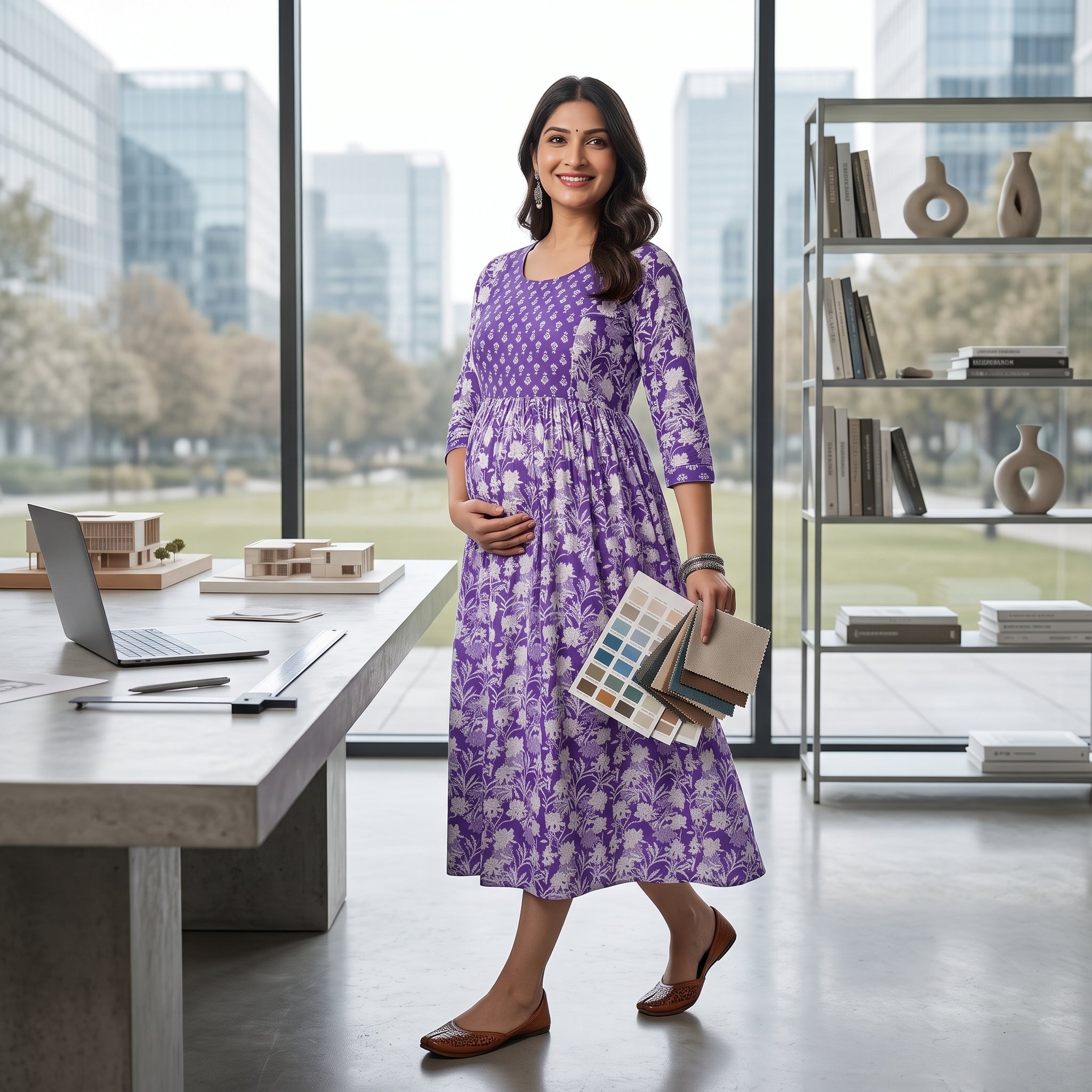 Purple Floral Maternity Anarkali Dress – Dual Print, 3/4 Sleeves, Comfortable Pregnancy Wear