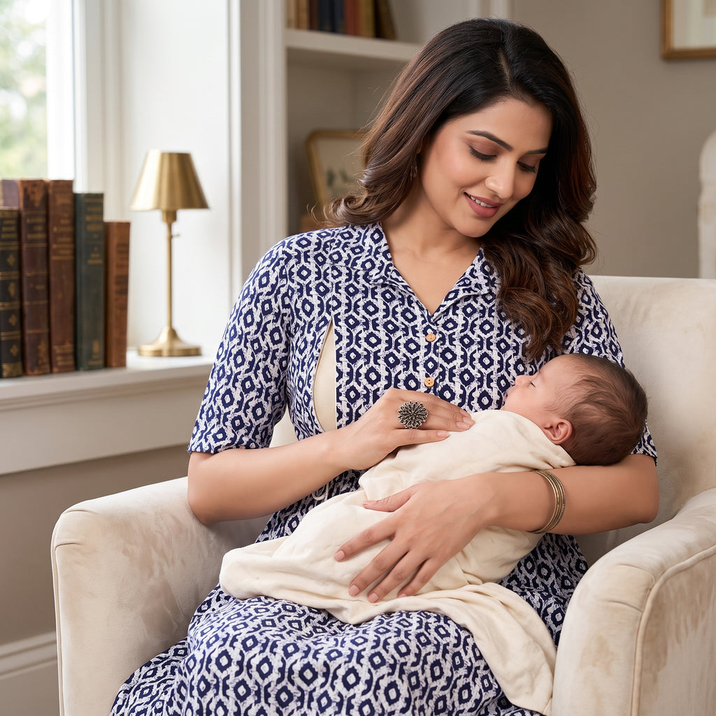 Navy Blue Ikat Print Feeding Kurti Dress – Button Front Access, Collar Neck, Drawstring Waist