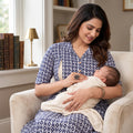 Navy Blue Ikat Print Feeding Kurti Dress – Button Front Access, Collar Neck, Drawstring Waist