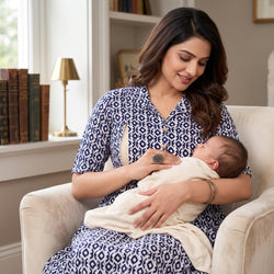 Navy Blue Ikat Print Feeding Kurti Dress – Button Front Access, Collar Neck, Drawstring Waist