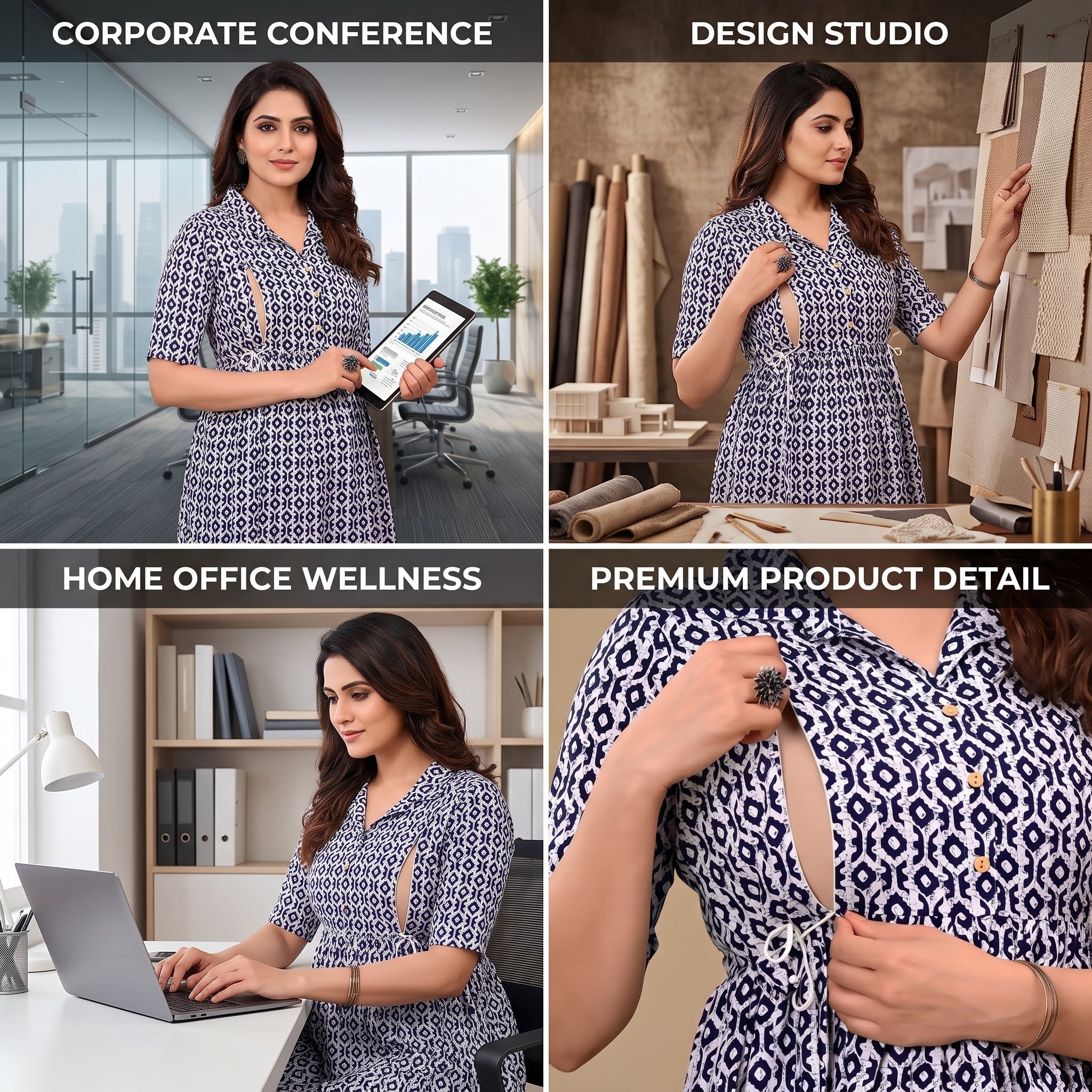 Navy Blue Ikat Print Feeding Kurti Dress – Button Front Access, Collar Neck, Drawstring Waist