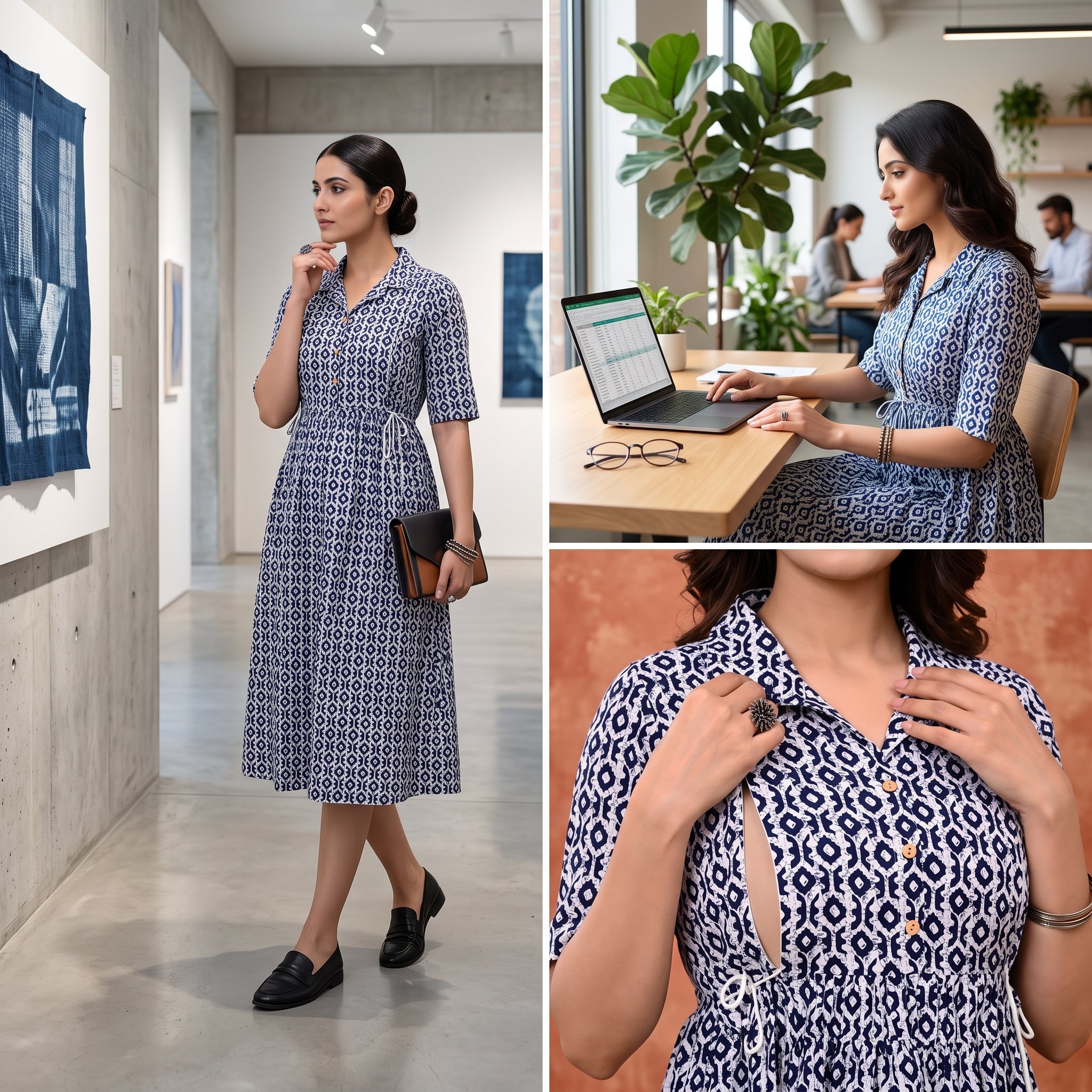 Navy Blue Ikat Print Feeding Kurti Dress – Button Front Access, Collar Neck, Drawstring Waist