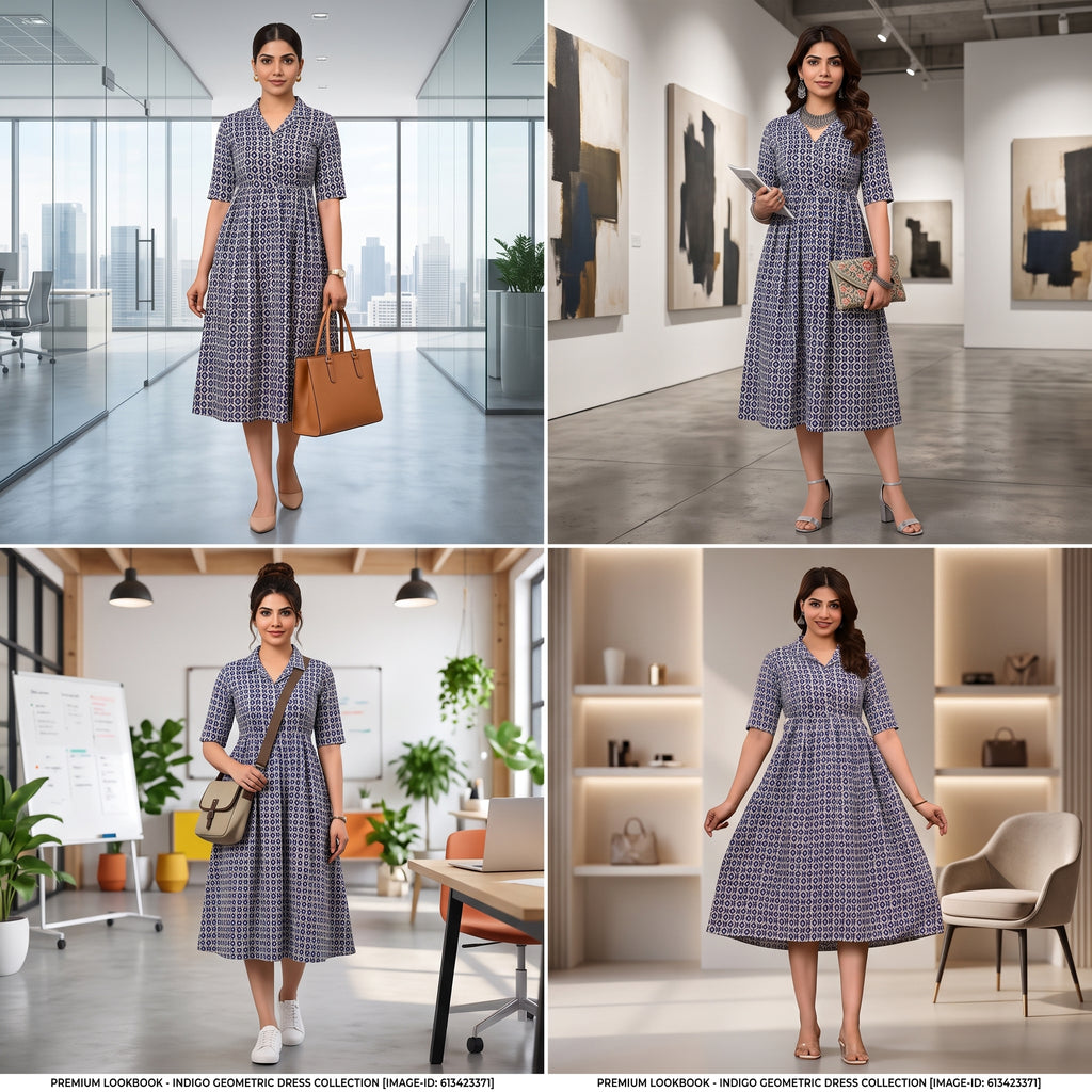 Navy Blue Ikat Print Feeding Kurti Dress – Button Front Access, Collar Neck, Drawstring Waist