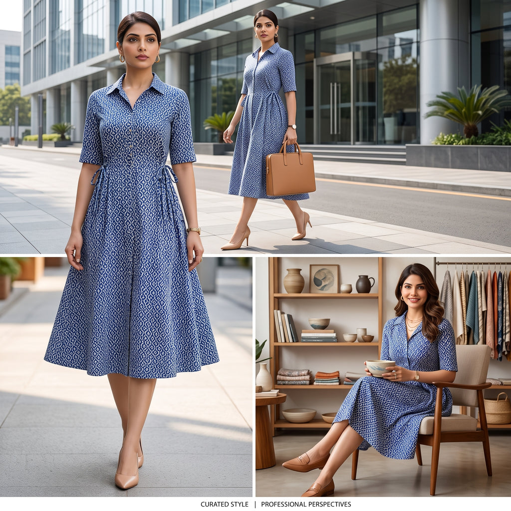 Navy Blue Ikat Print Feeding Kurti Dress – Button Front Access, Collar Neck, Drawstring Waist