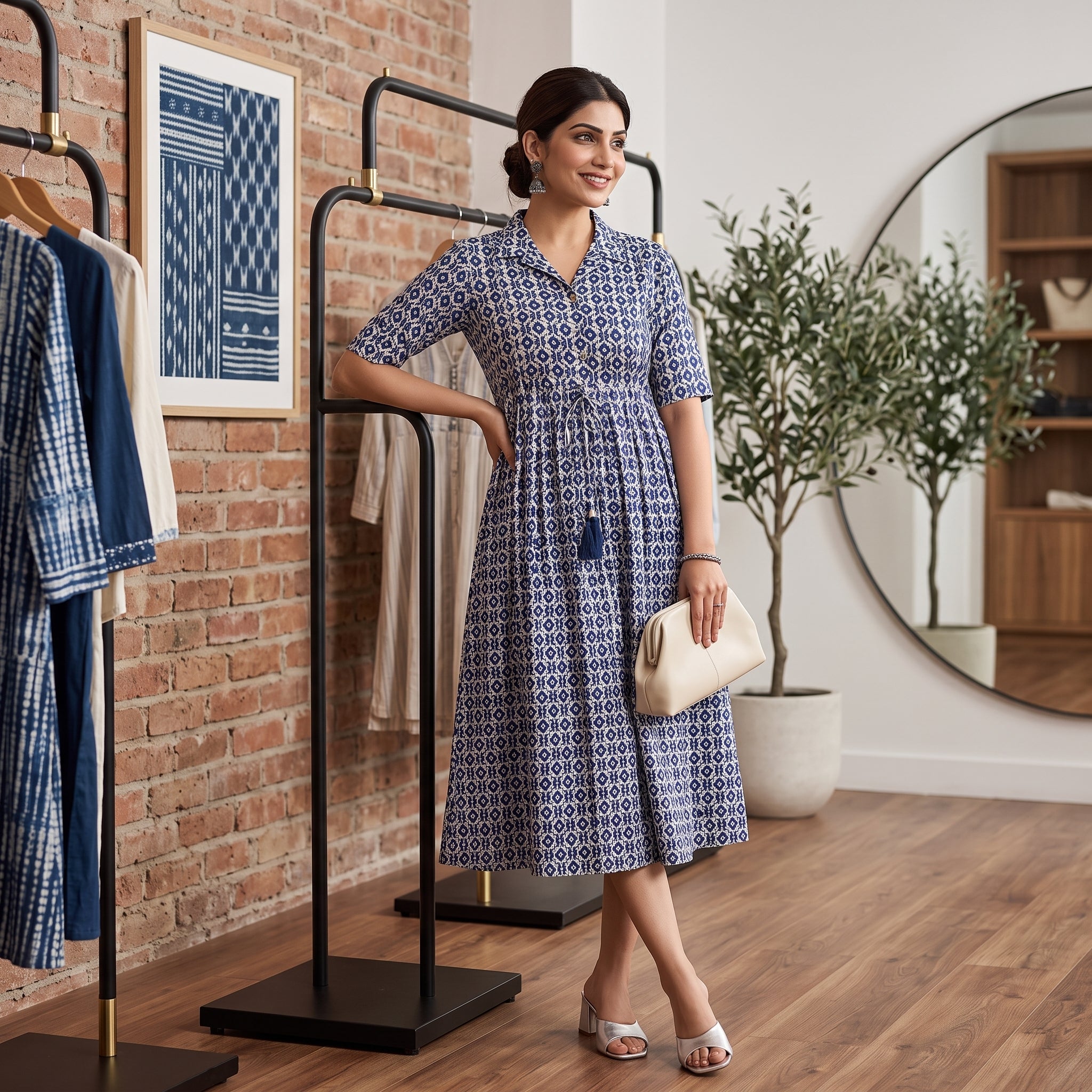 Navy Blue Ikat Print Feeding Kurti Dress – Button Front Access, Collar Neck, Drawstring Waist
