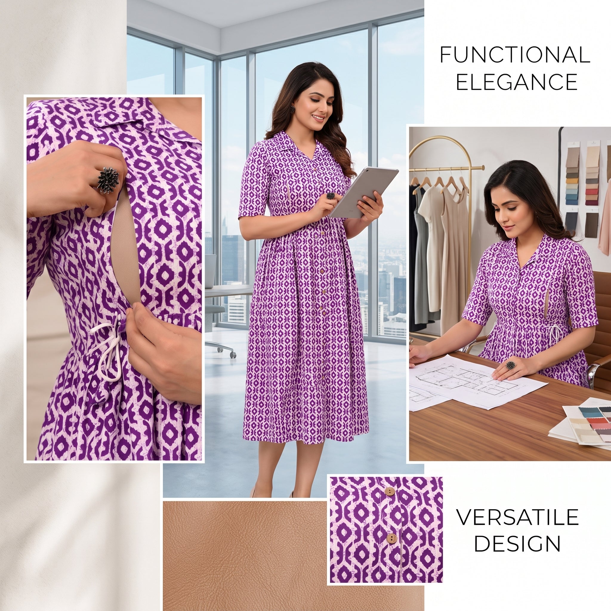 Purple Ikat Print Feeding Kurti Dress – Button Front Access, Collar Neck, Drawstring Waist, Soft Cotton