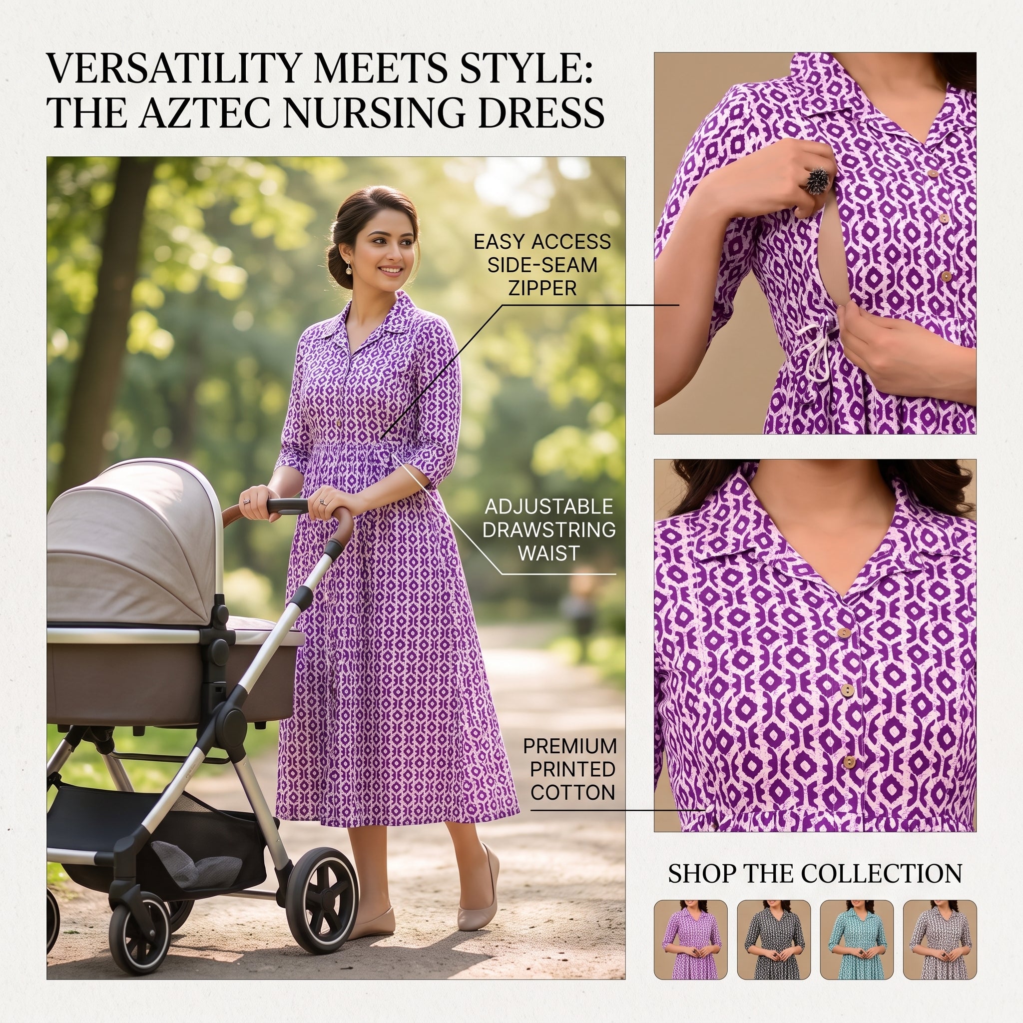 Purple Ikat Print Feeding Kurti Dress – Button Front Access, Collar Neck, Drawstring Waist, Soft Cotton
