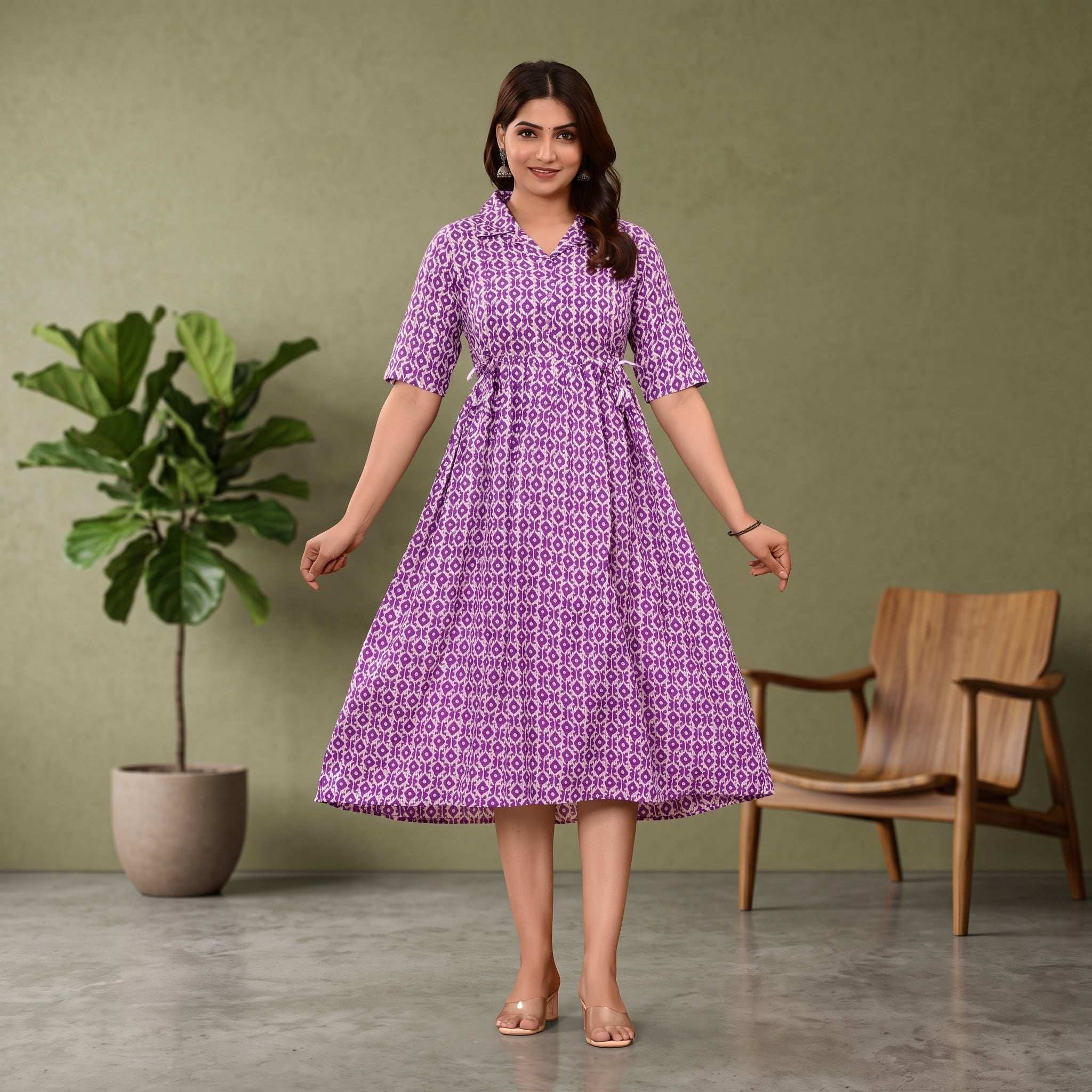 Purple Ikat Print Feeding Kurti Dress – Button Front Access, Collar Neck, Drawstring Waist, Soft Cotton