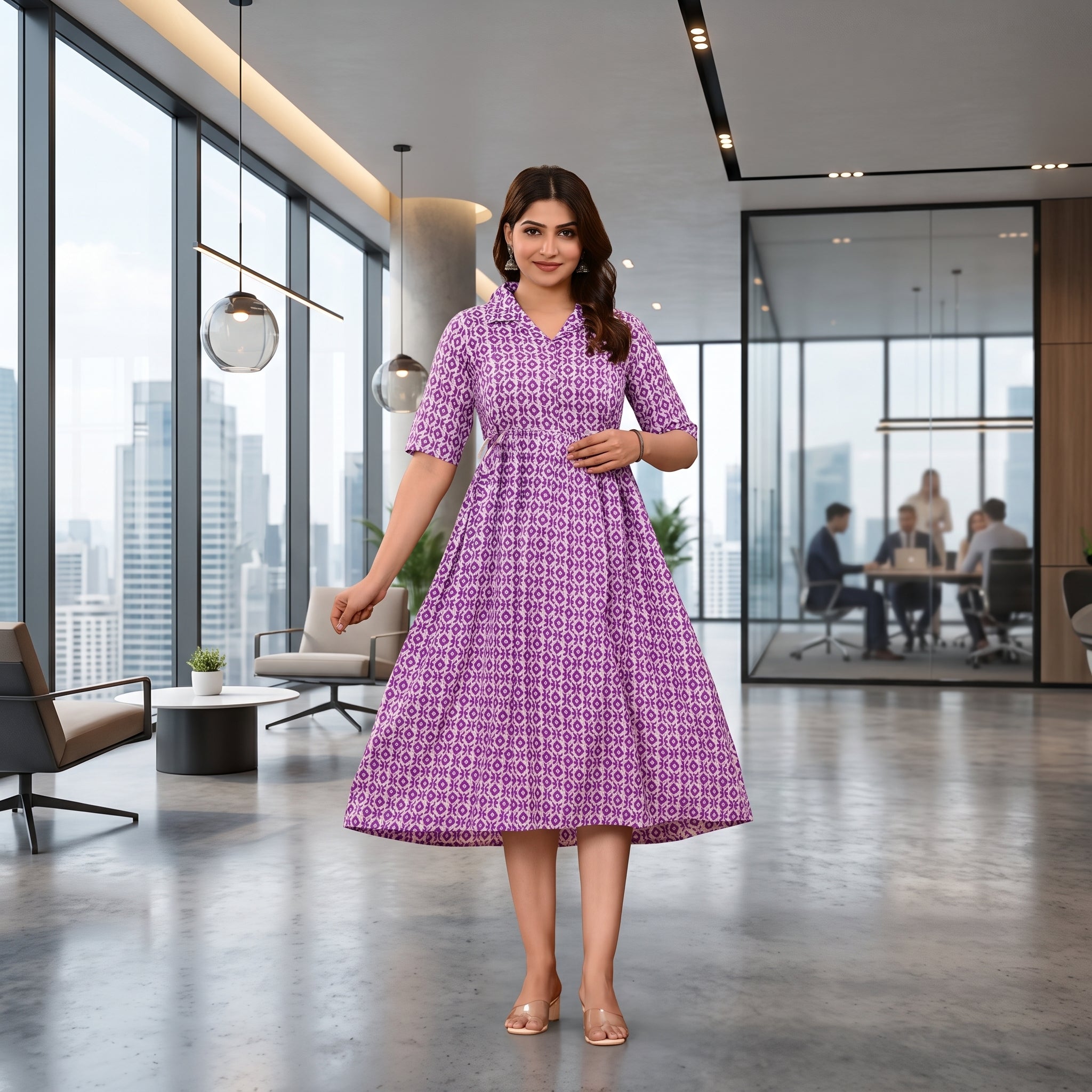 Purple Ikat Print Feeding Kurti Dress – Button Front Access, Collar Neck, Drawstring Waist, Soft Cotton