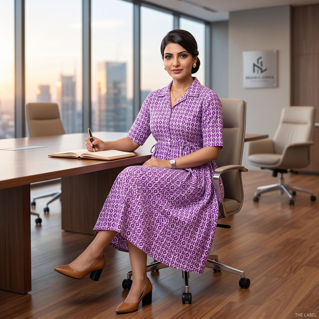 Purple Ikat Print Feeding Kurti Dress – Button Front Access, Collar Neck, Drawstring Waist, Soft Cotton