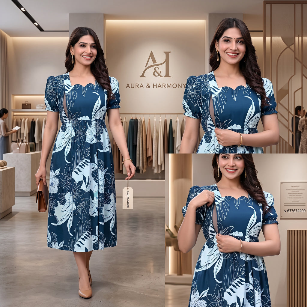 Navy Blue Tropical Floral Feeding Dress – Hidden Zip Access, Puff Sleeves, Scallop Neck, Empire Waist