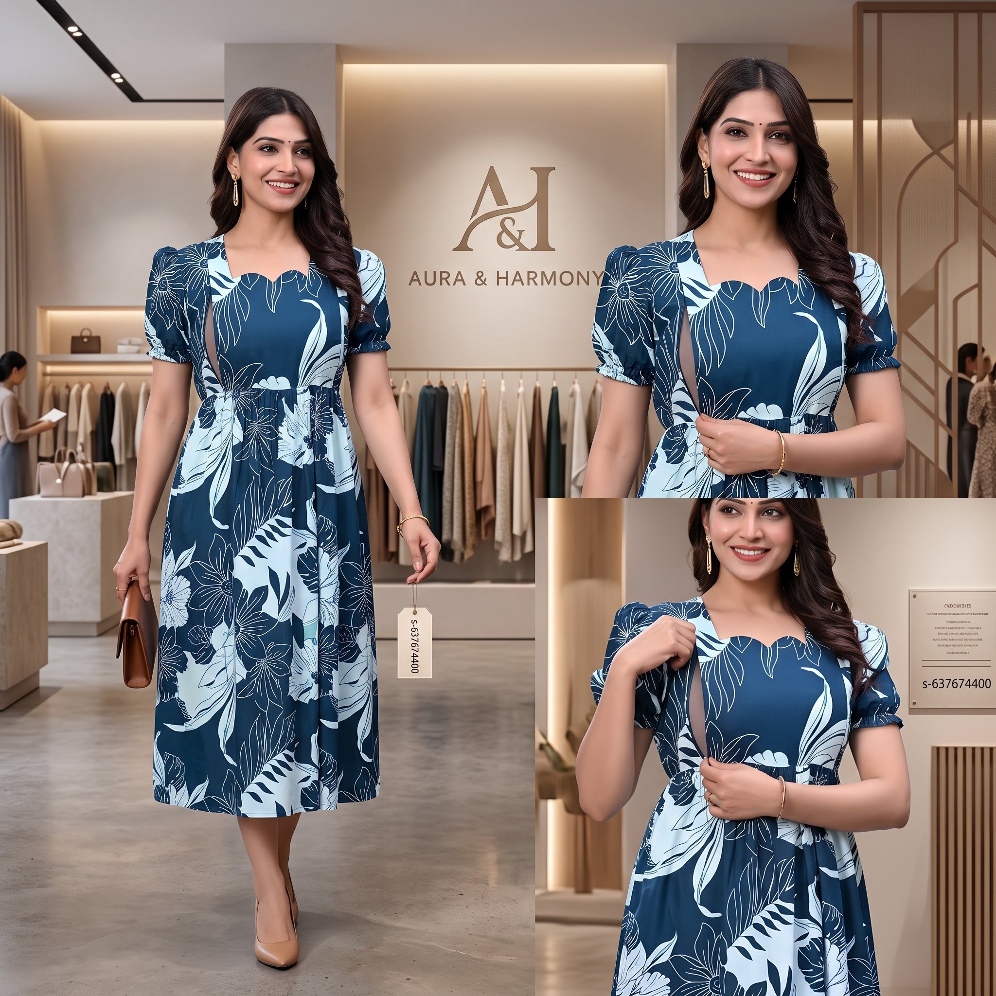 Navy Blue Tropical Floral Feeding Dress – Hidden Zip Access, Puff Sleeves, Scallop Neck, Empire Waist