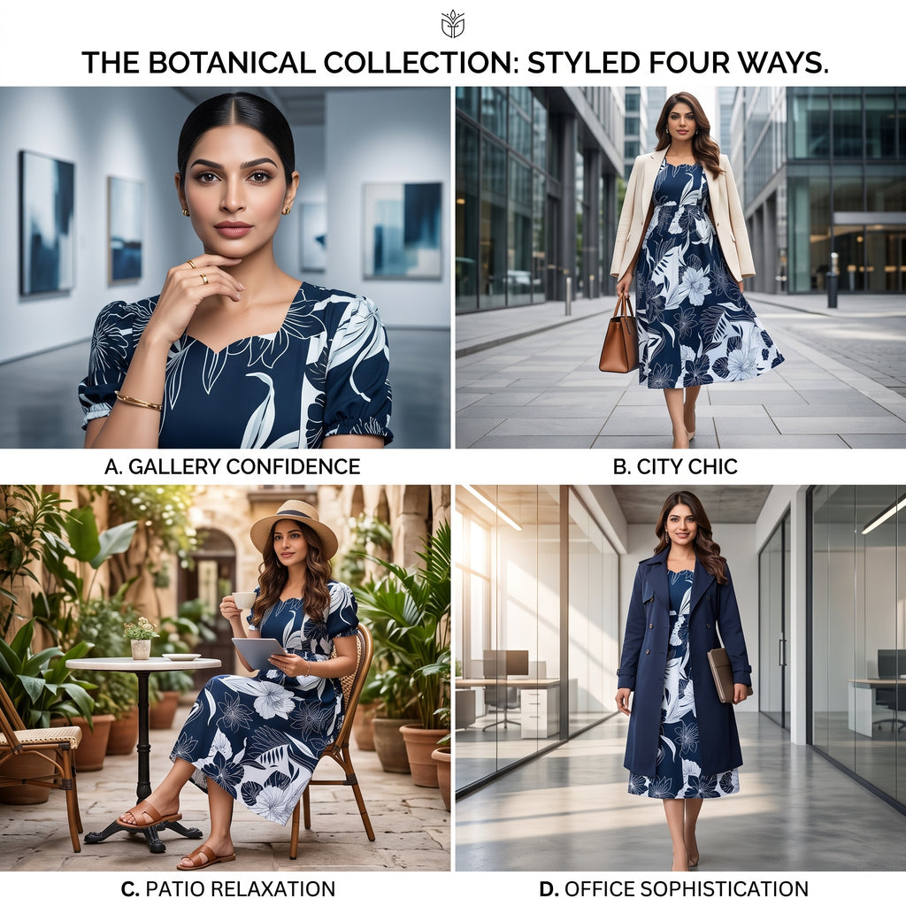 Navy Blue Tropical Floral Feeding Dress – Hidden Zip Access, Puff Sleeves, Scallop Neck, Empire Waist