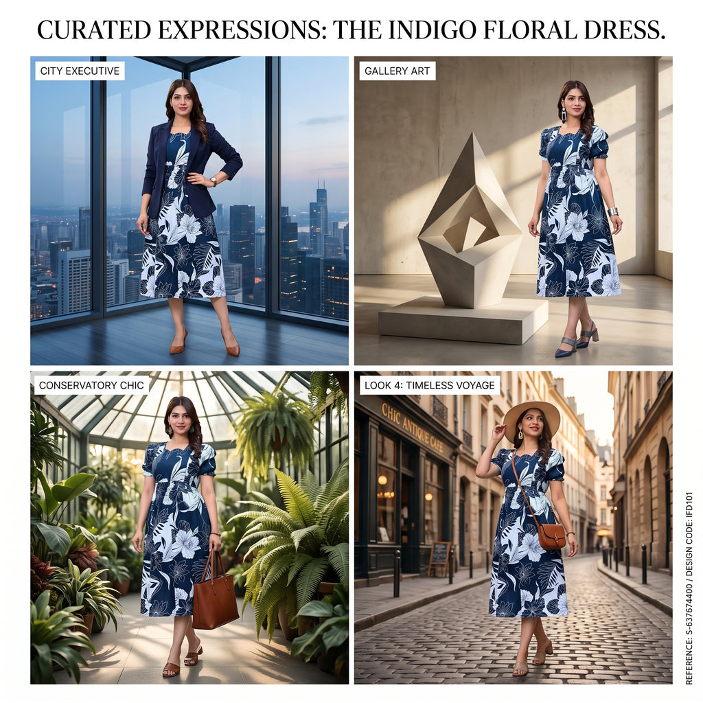 Navy Blue Tropical Floral Feeding Dress – Hidden Zip Access, Puff Sleeves, Scallop Neck, Empire Waist