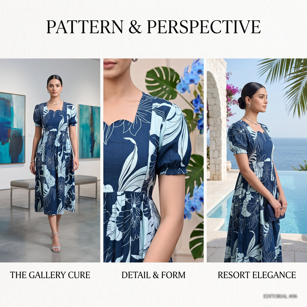 Navy Blue Tropical Floral Feeding Dress – Hidden Zip Access, Puff Sleeves, Scallop Neck, Empire Waist