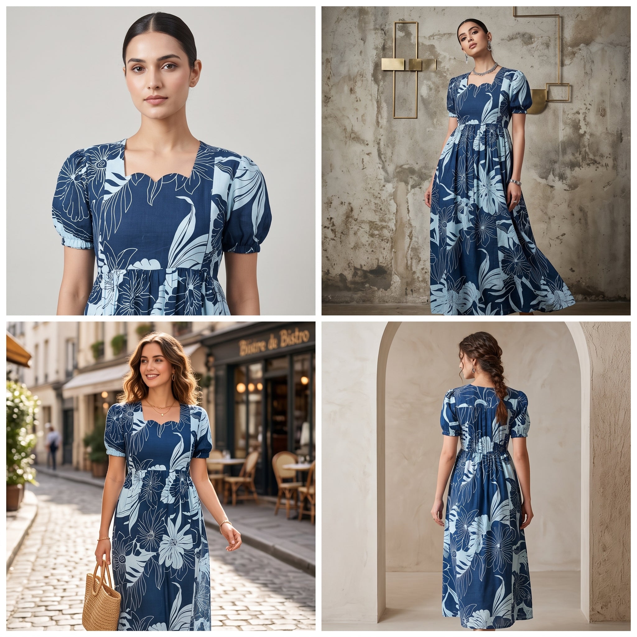 Navy Blue Tropical Floral Feeding Dress – Hidden Zip Access, Puff Sleeves, Scallop Neck, Empire Waist